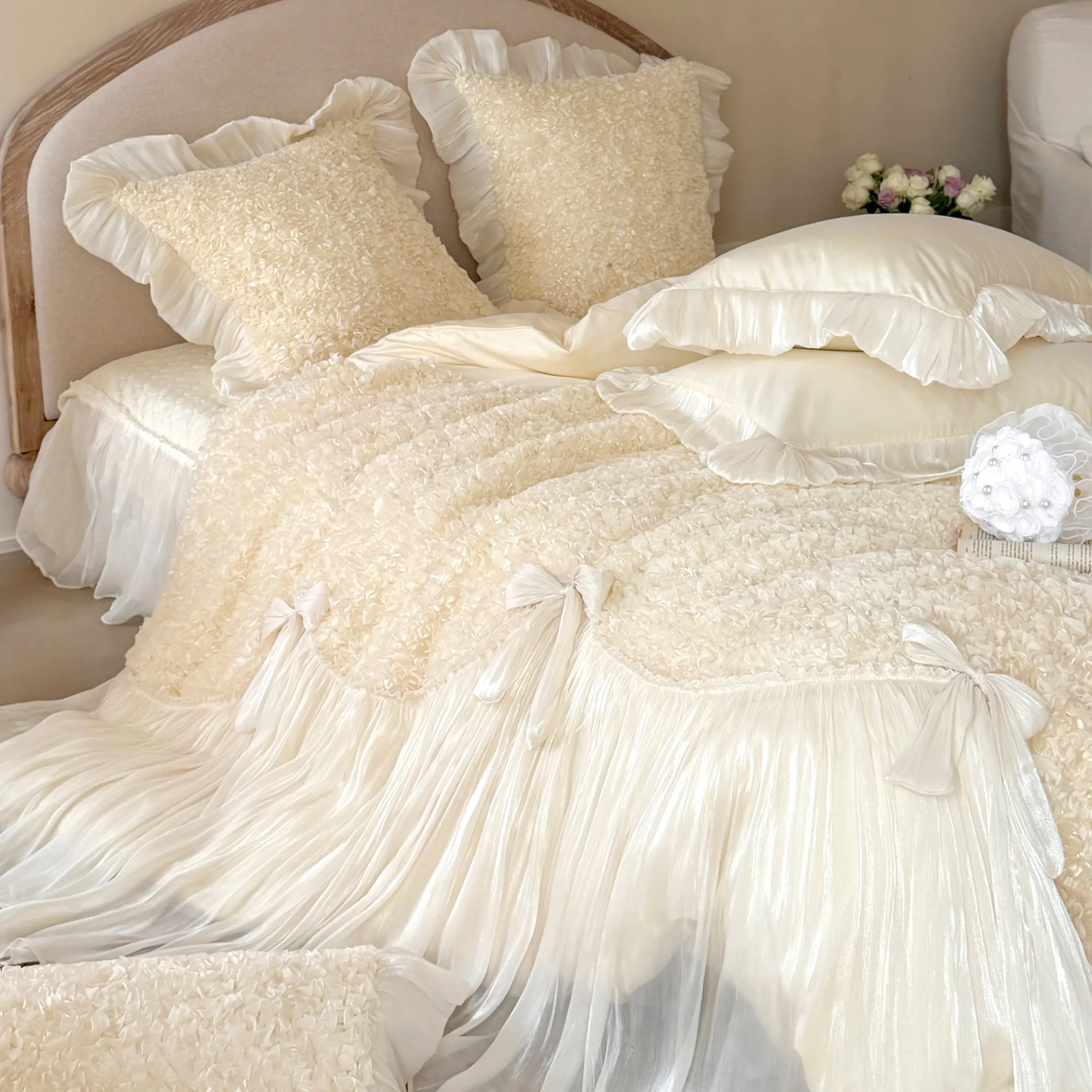 Romantic 100s Long-Staple Cotton Ruffle Bow Scalloped Duvet Cover 4 Pcs Set04