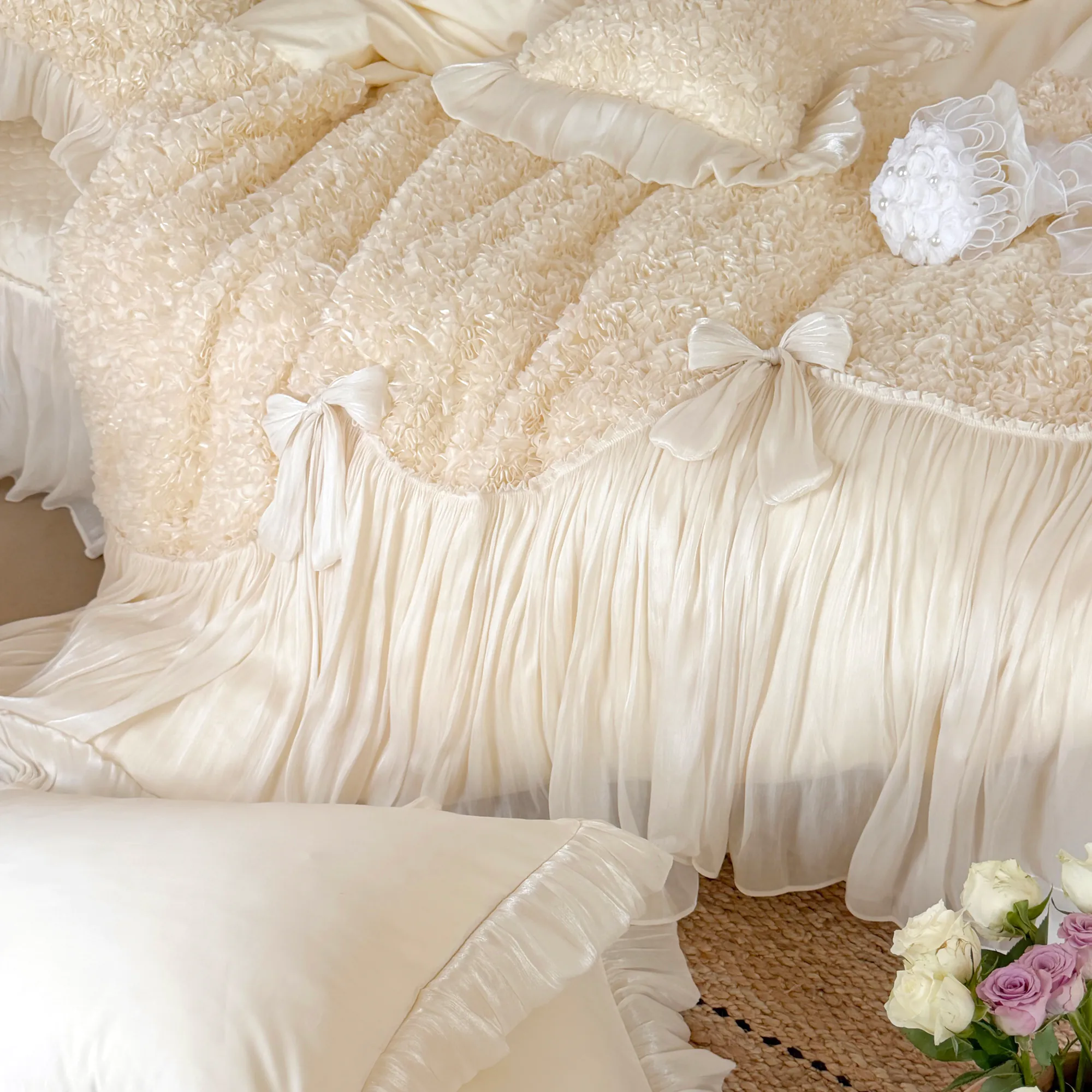 Romantic 100s Long-Staple Cotton Ruffle Bow Scalloped Duvet Cover 4 Pcs Set05