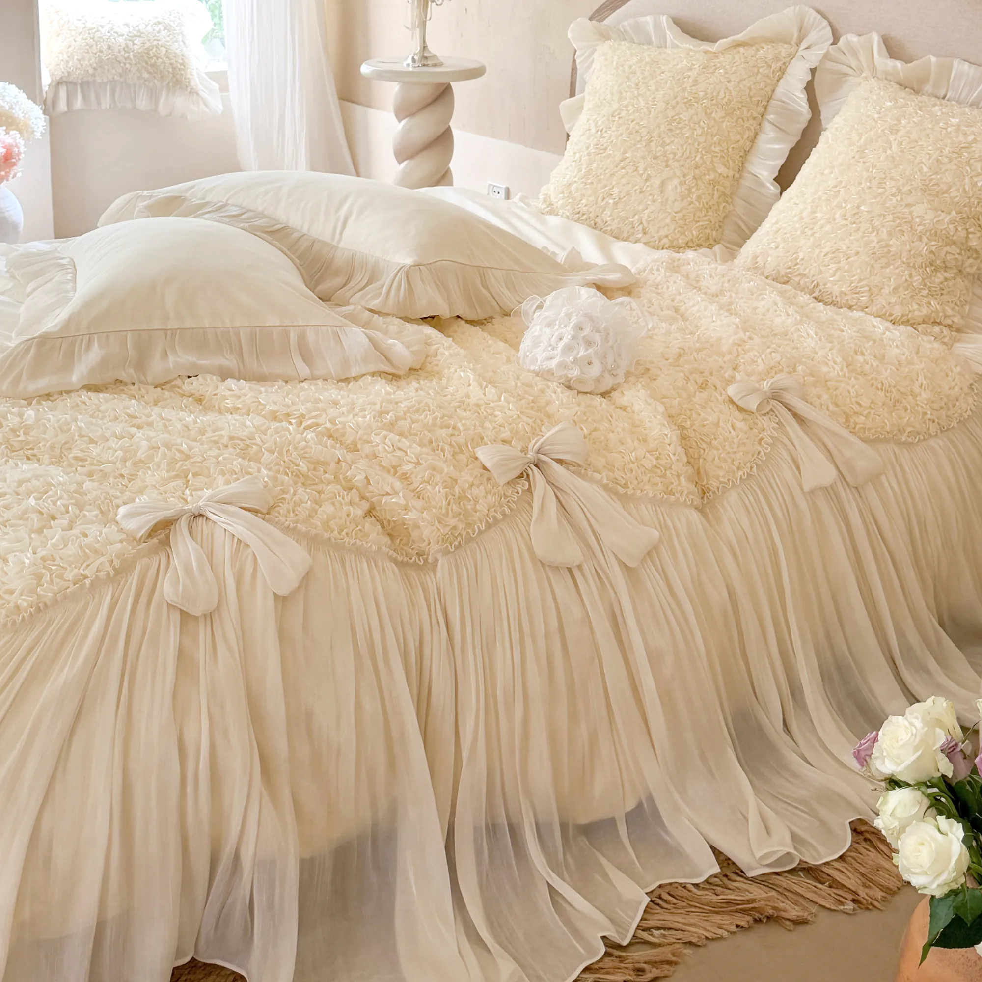 Romantic 100s Long-Staple Cotton Ruffle Bow Scalloped Duvet Cover 4 Pcs Set06