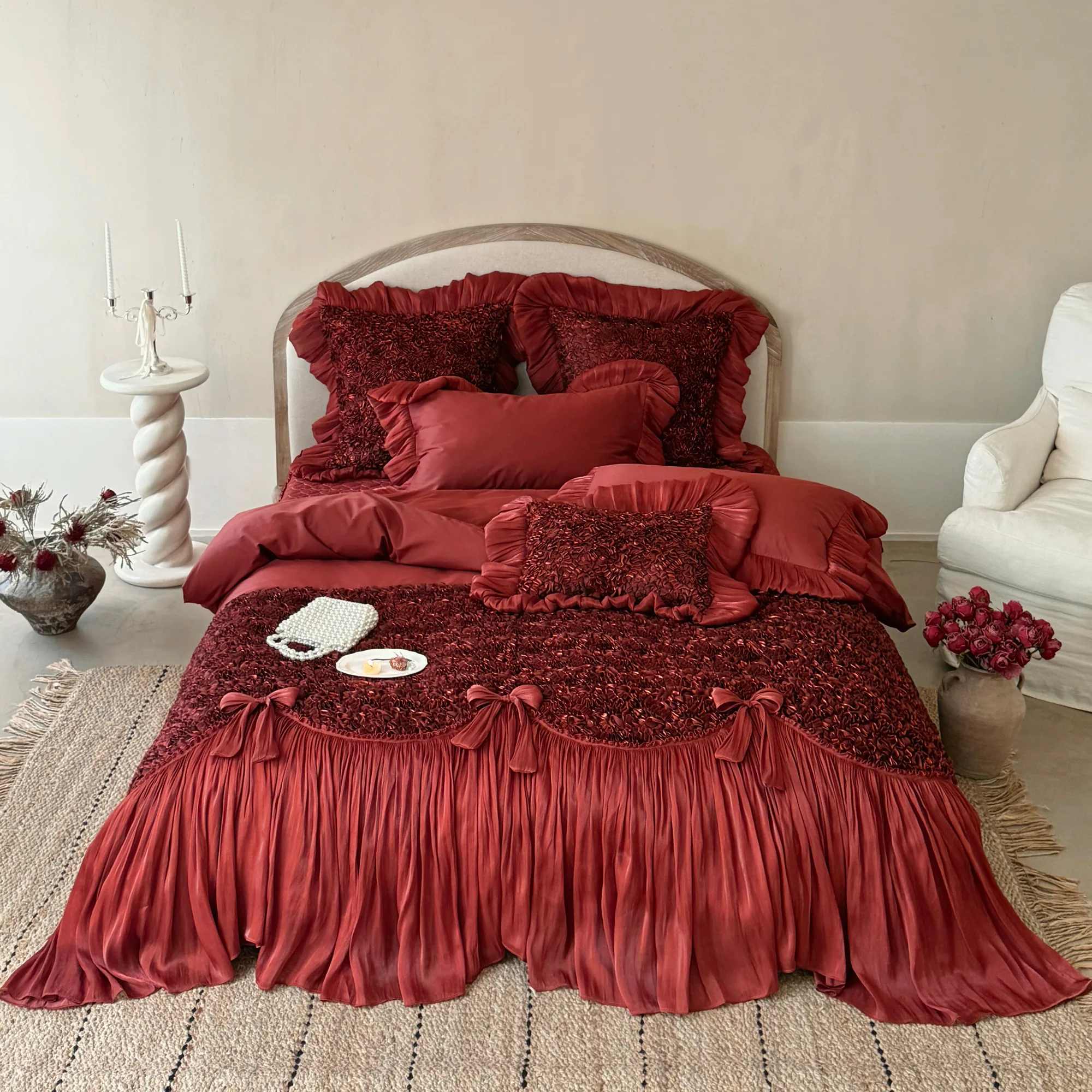 Romantic 100s Long-Staple Cotton Ruffle Bow Scalloped Duvet Cover 4 Pcs Set10