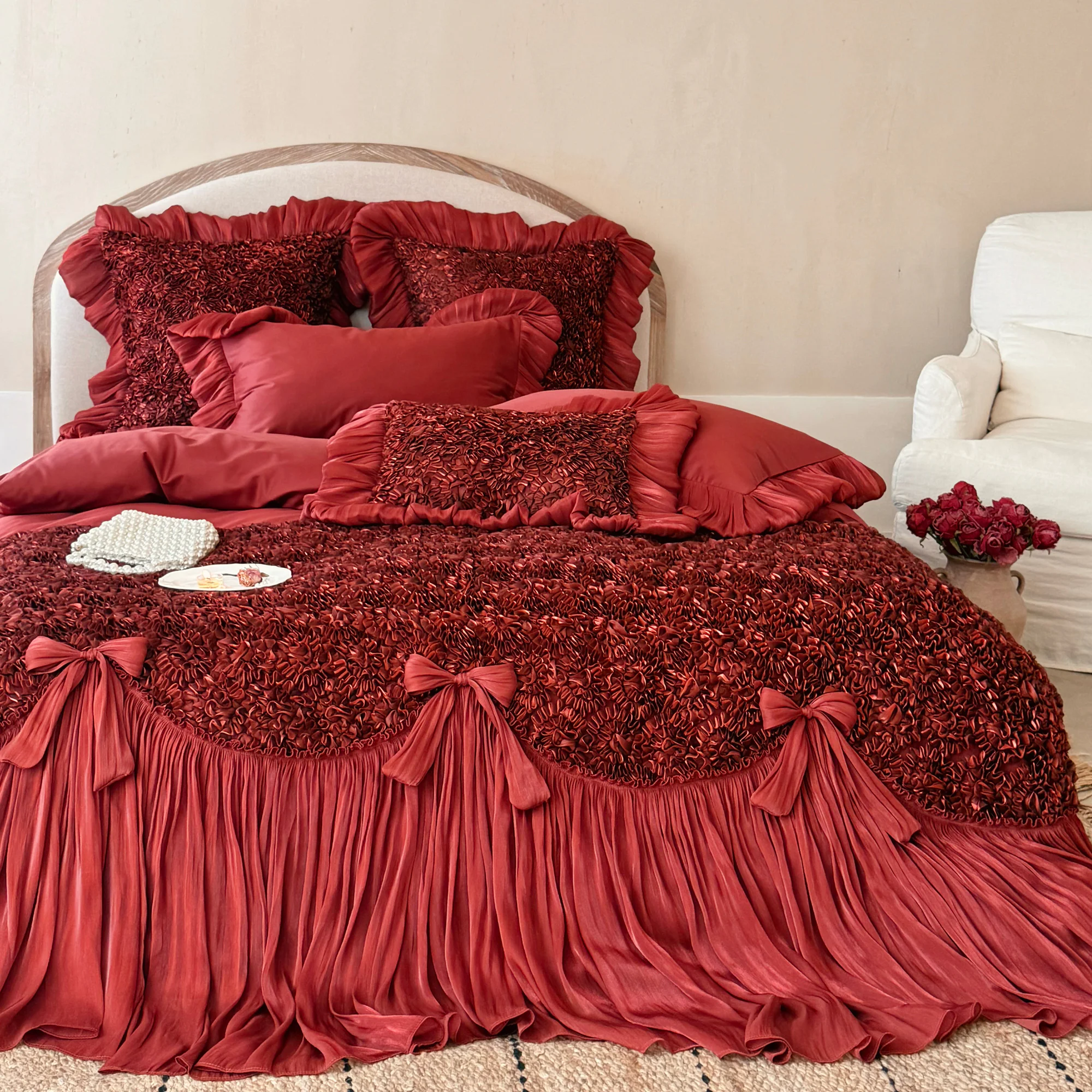 Romantic 100s Long-Staple Cotton Ruffle Bow Scalloped Duvet Cover 4 Pcs Set11