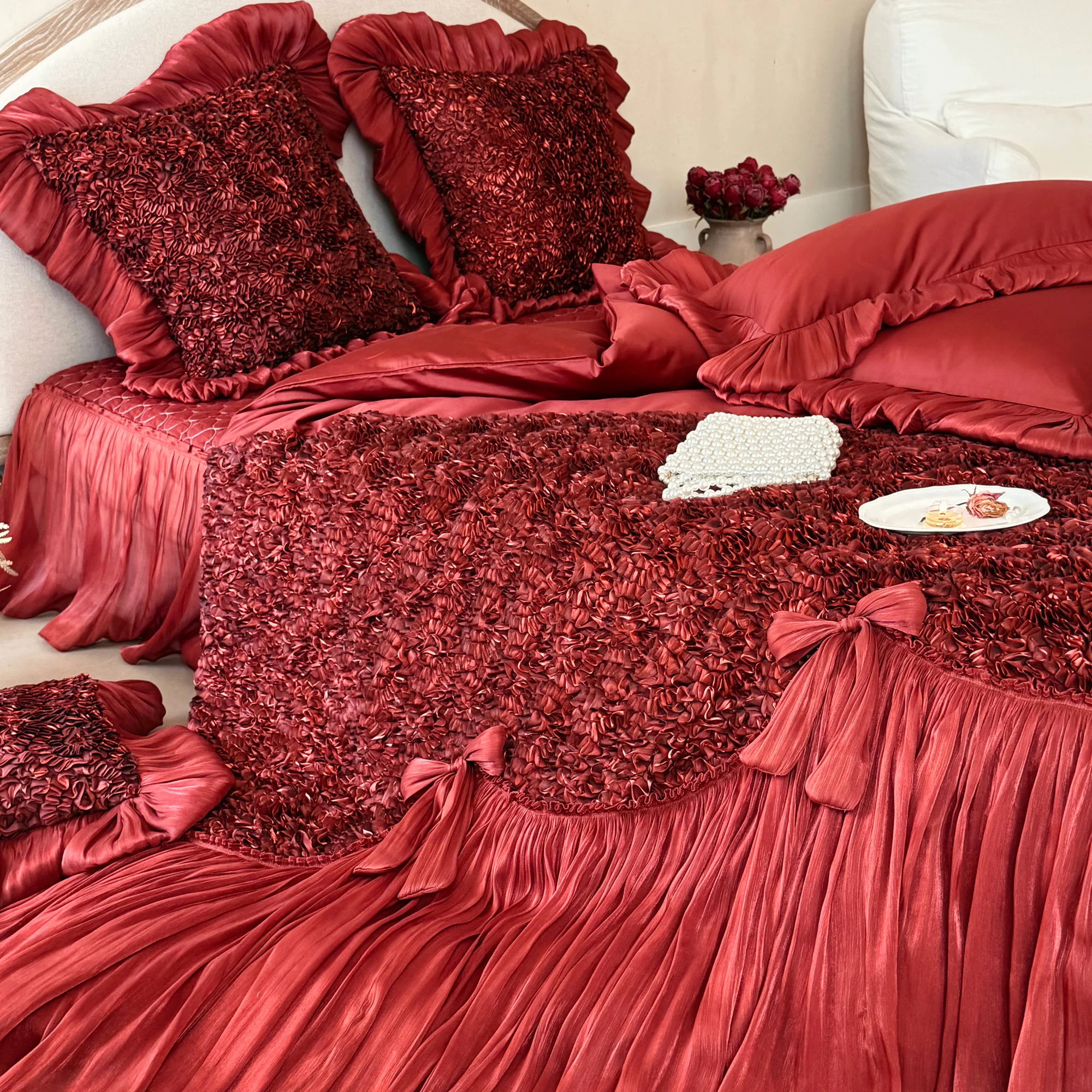 Romantic 100s Long-Staple Cotton Ruffle Bow Scalloped Duvet Cover 4 Pcs Set12