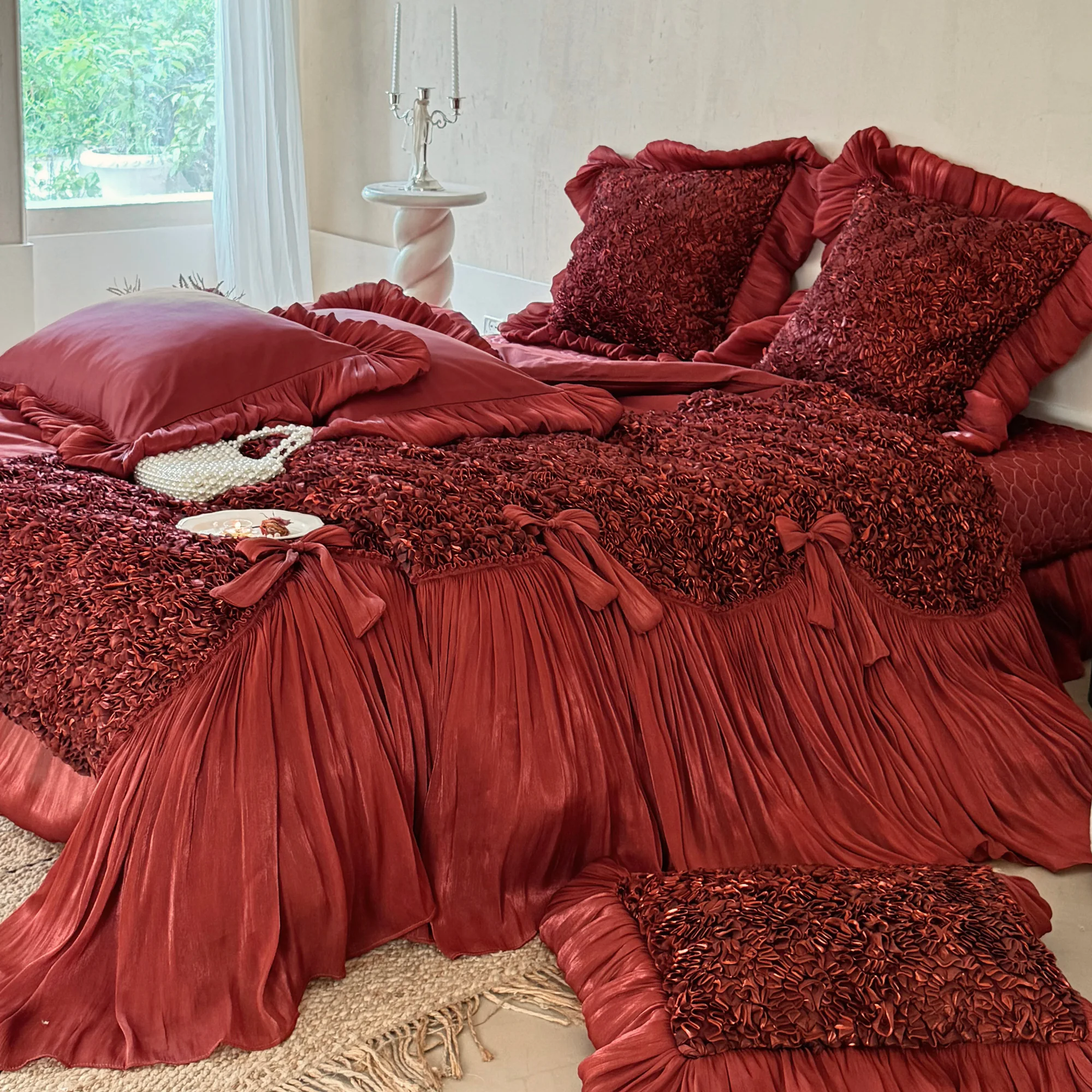 Romantic 100s Long-Staple Cotton Ruffle Bow Scalloped Duvet Cover 4 Pcs Set13