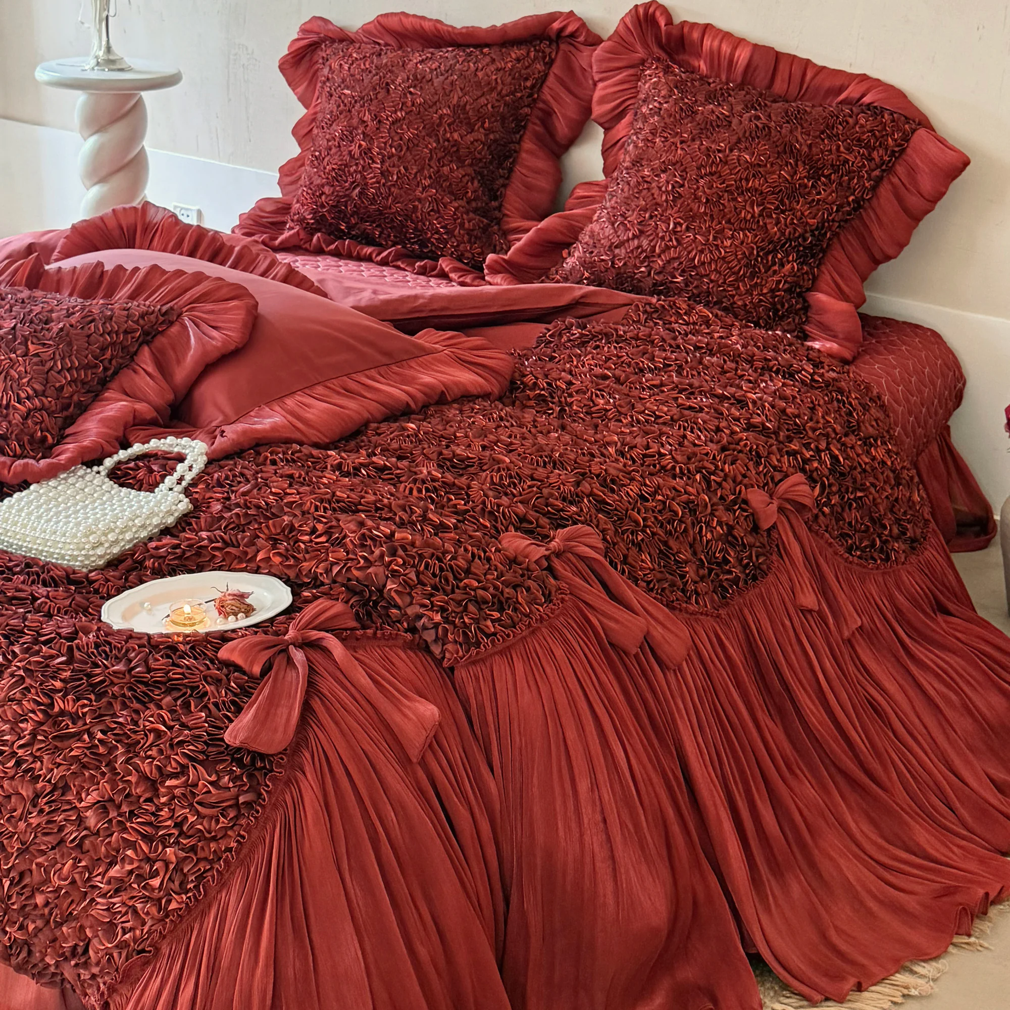 Romantic 100s Long-Staple Cotton Ruffle Bow Scalloped Duvet Cover 4 Pcs Set14