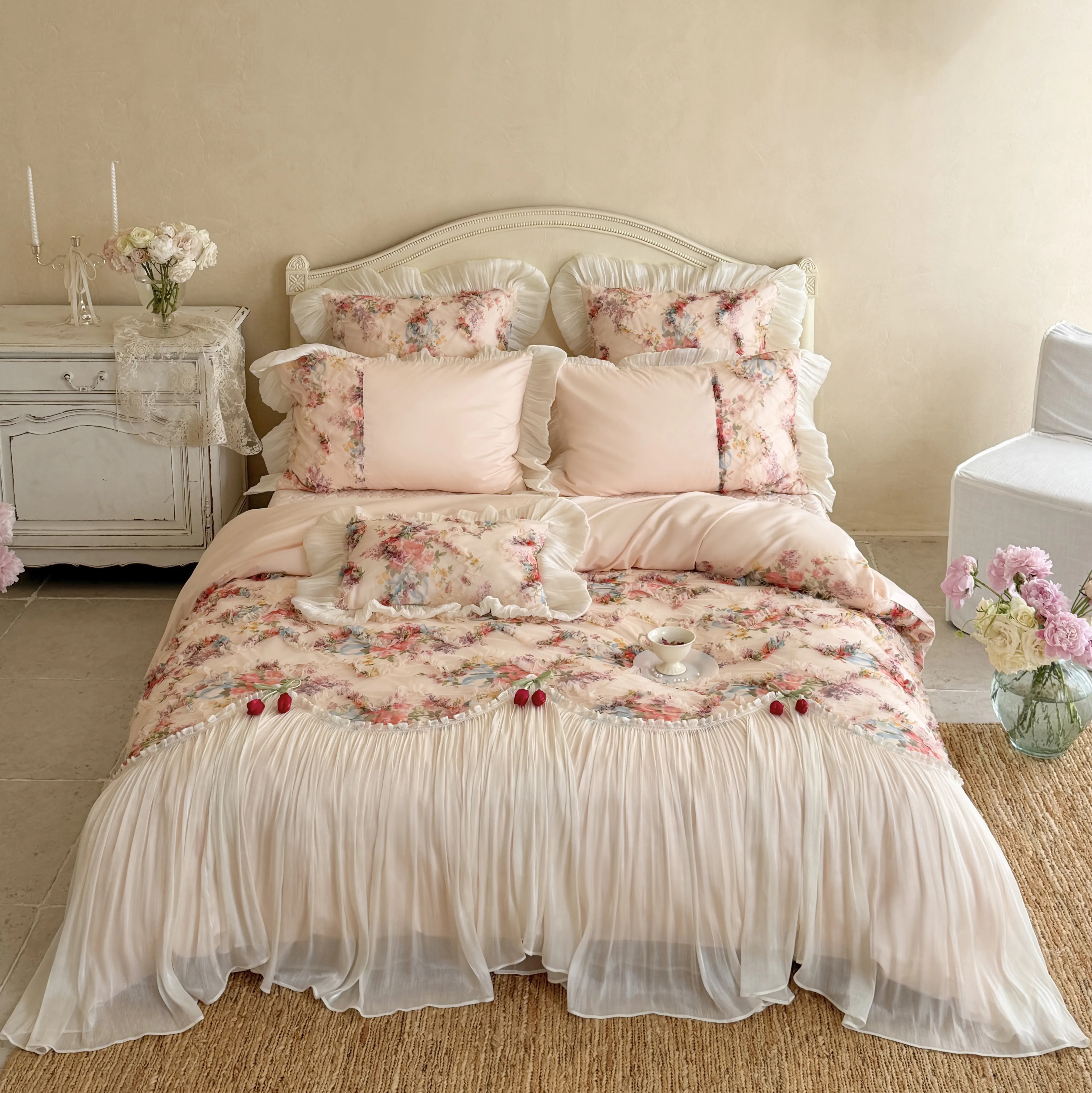 Romantic Pink Floral 100% Long Staple Cotton Floral Ruffle Duvet Cover Set