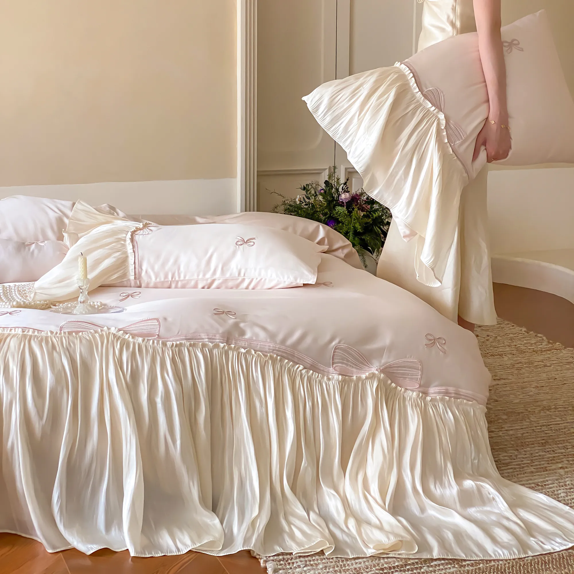 Soft Blush Pink 100s Long-Staple Cotton Bedding Set with Embroidered Bows03
