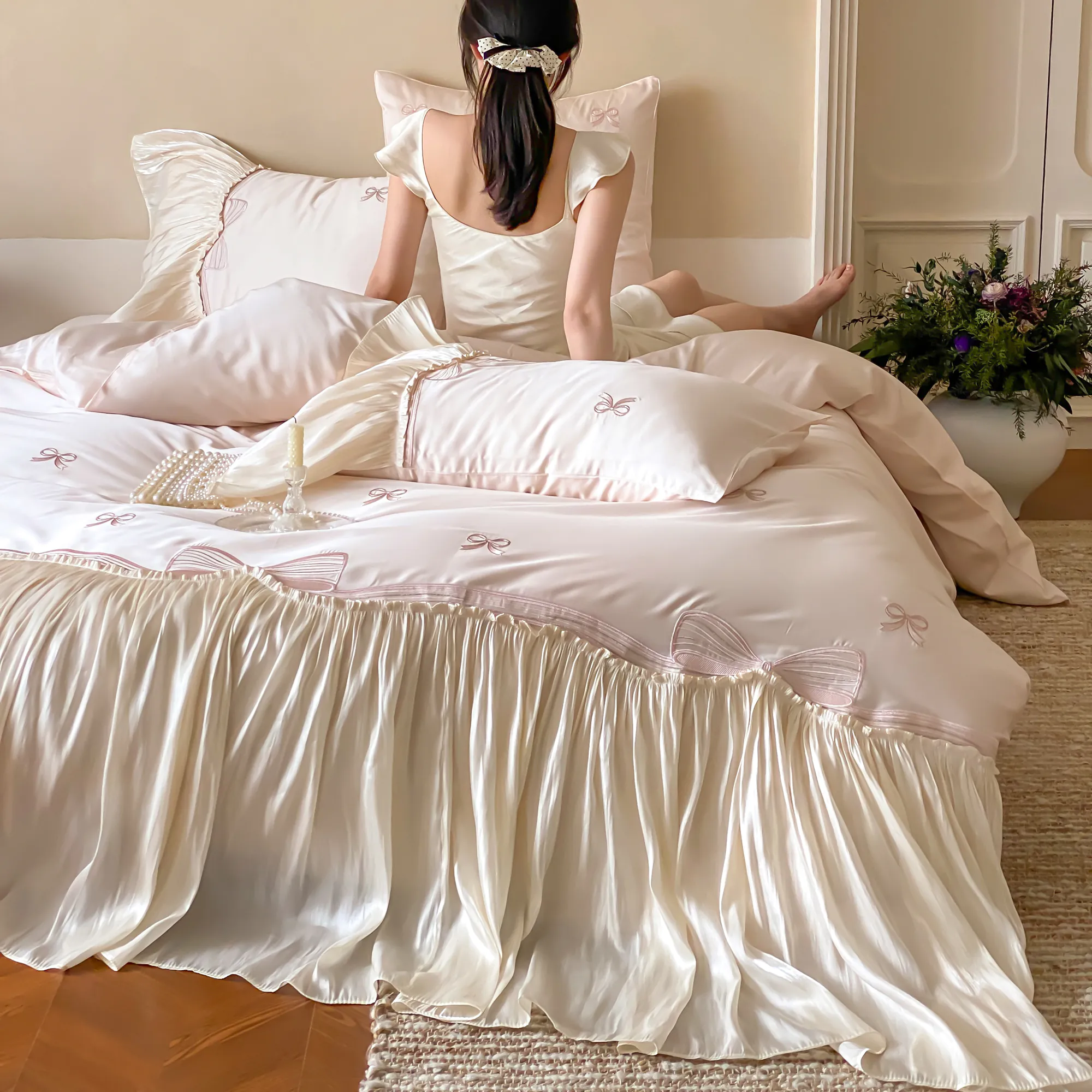 Soft Blush Pink 100s Long-Staple Cotton Bedding Set with Embroidered Bows07