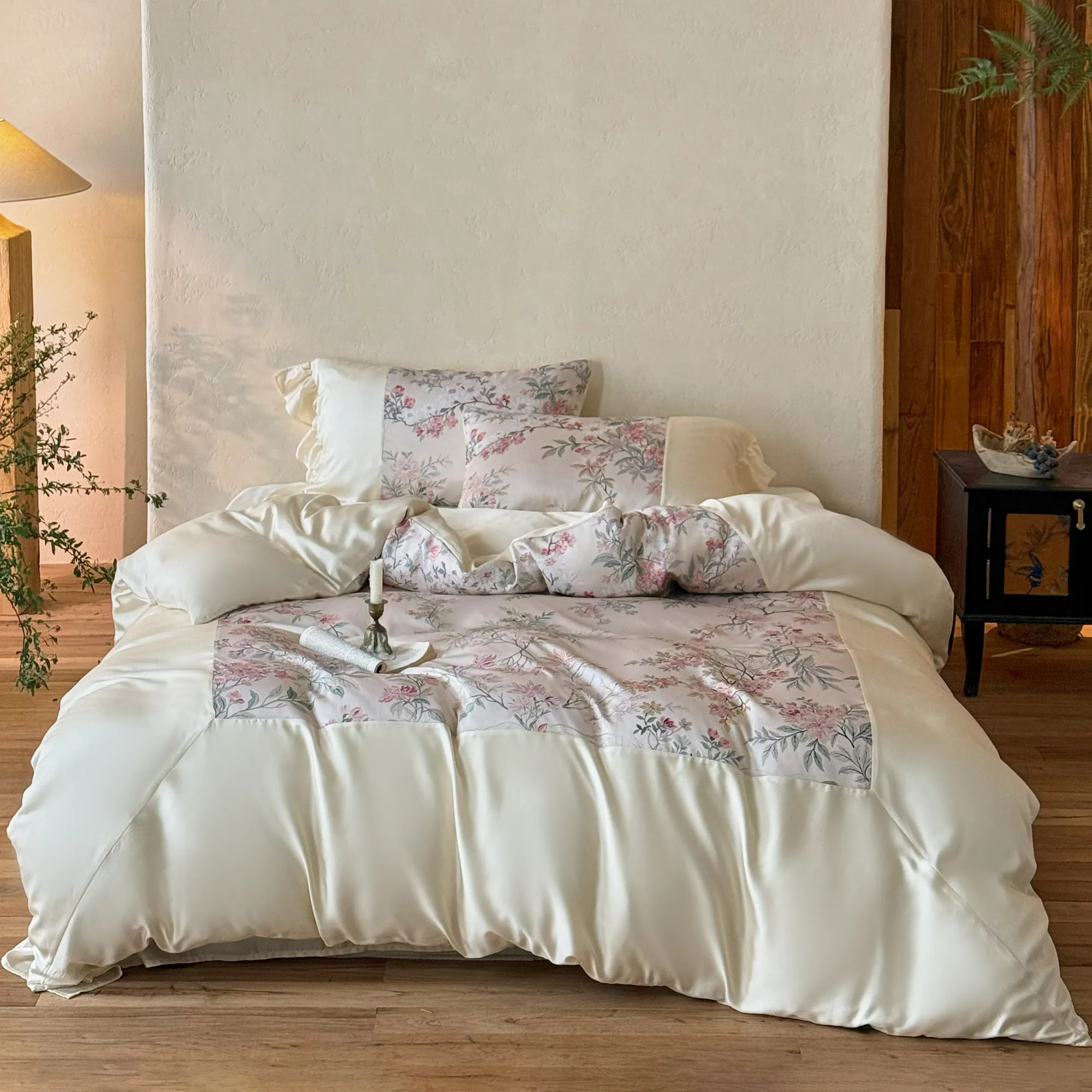 Soft Digital Botanical Floral Print Tencel Quilt Cover Bed Sheet 4-Piece Set