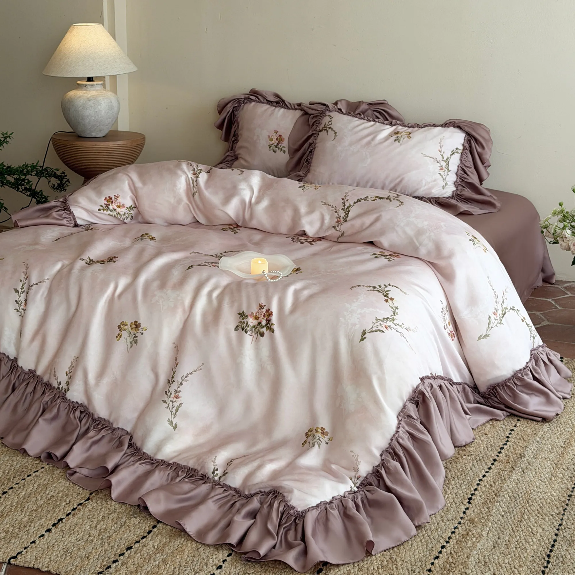 Soft Dusty Pink Floral Print Pleated Trim 60s Tencel Duvet Cover 4-Piece Set05