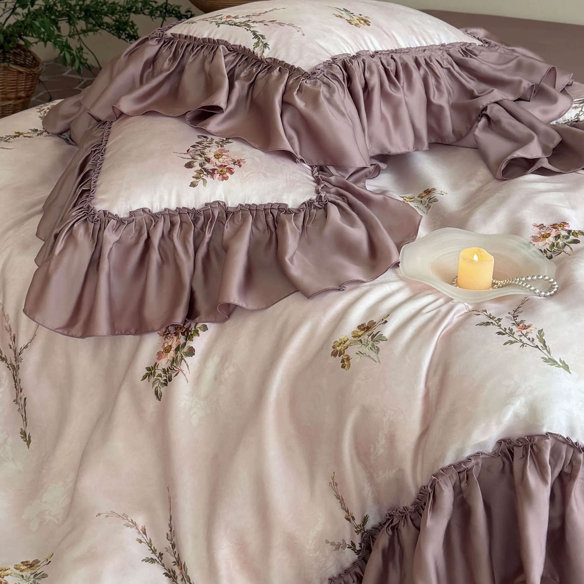 Soft Dusty Pink Floral Print Pleated Trim 60s Tencel Duvet Cover 4-Piece Set11