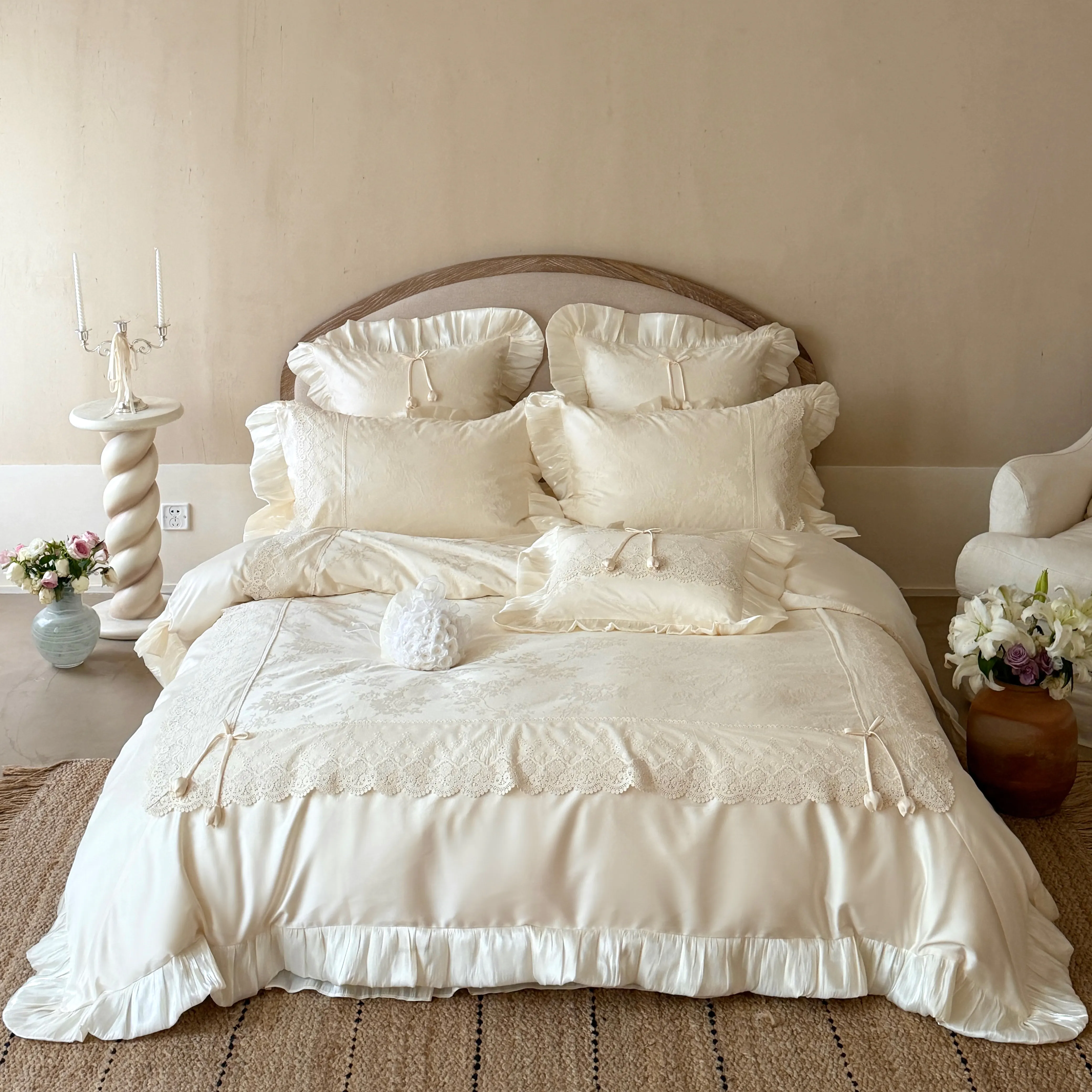 Soft French Vintage AB-Sided Jacquard Floral Tencel Cotton Duvet Cover Set