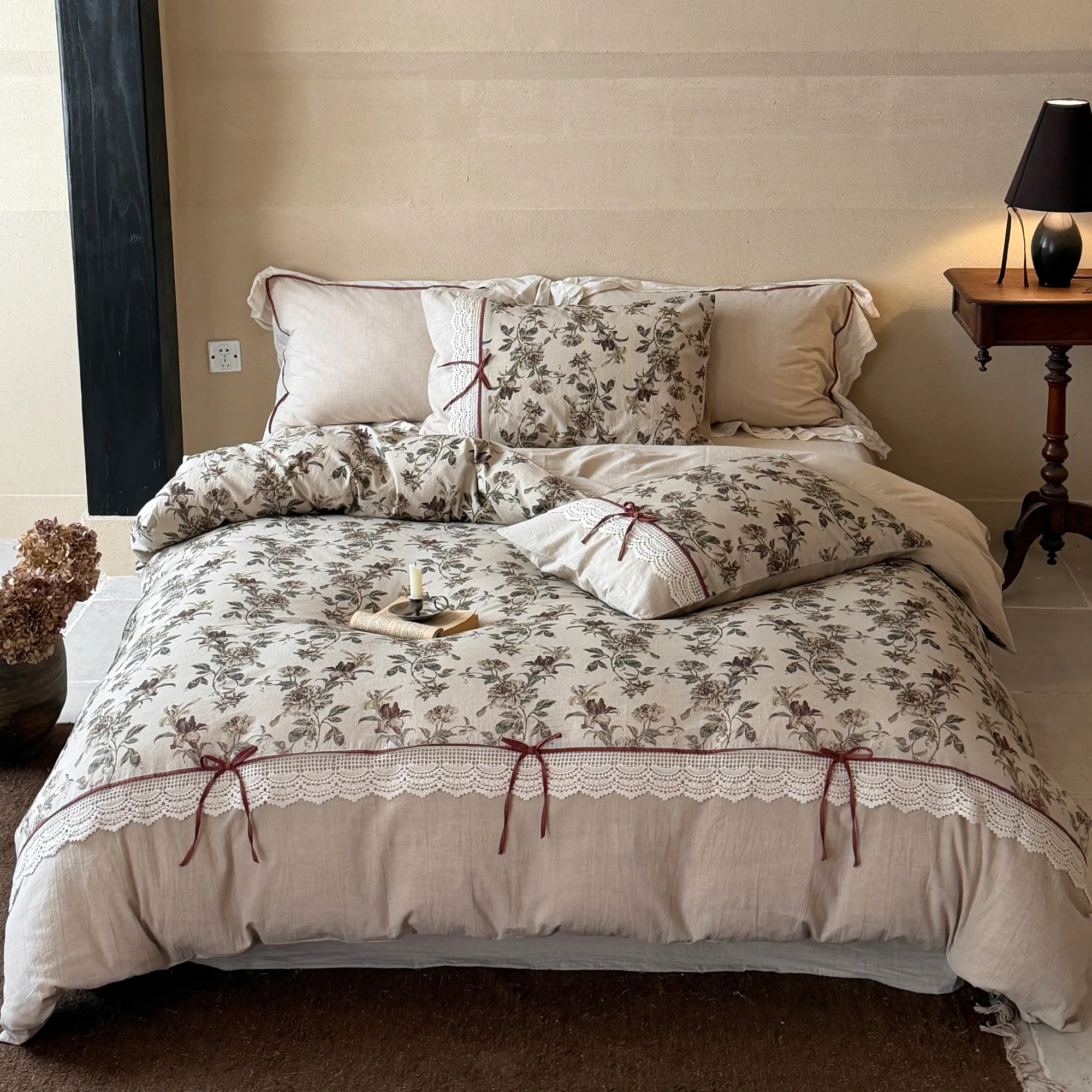 Soft Muted Botanical Floral Print Lace Edging Neutral Cotton Linen Bedding Set