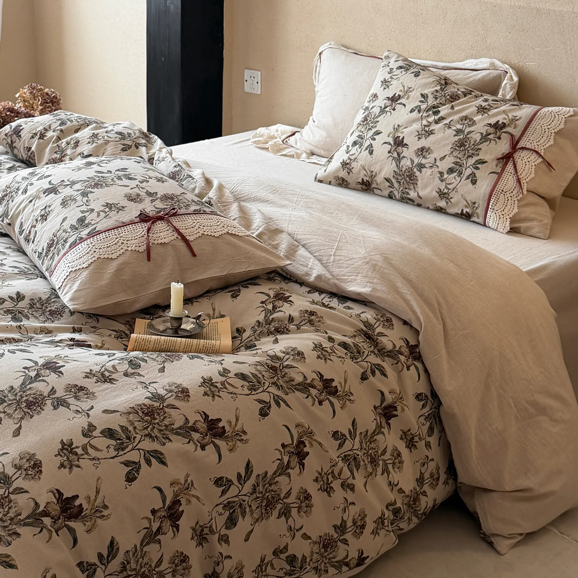 Soft Muted Botanical Floral Print Lace Edging Neutral Cotton Linen Bedding Set03
