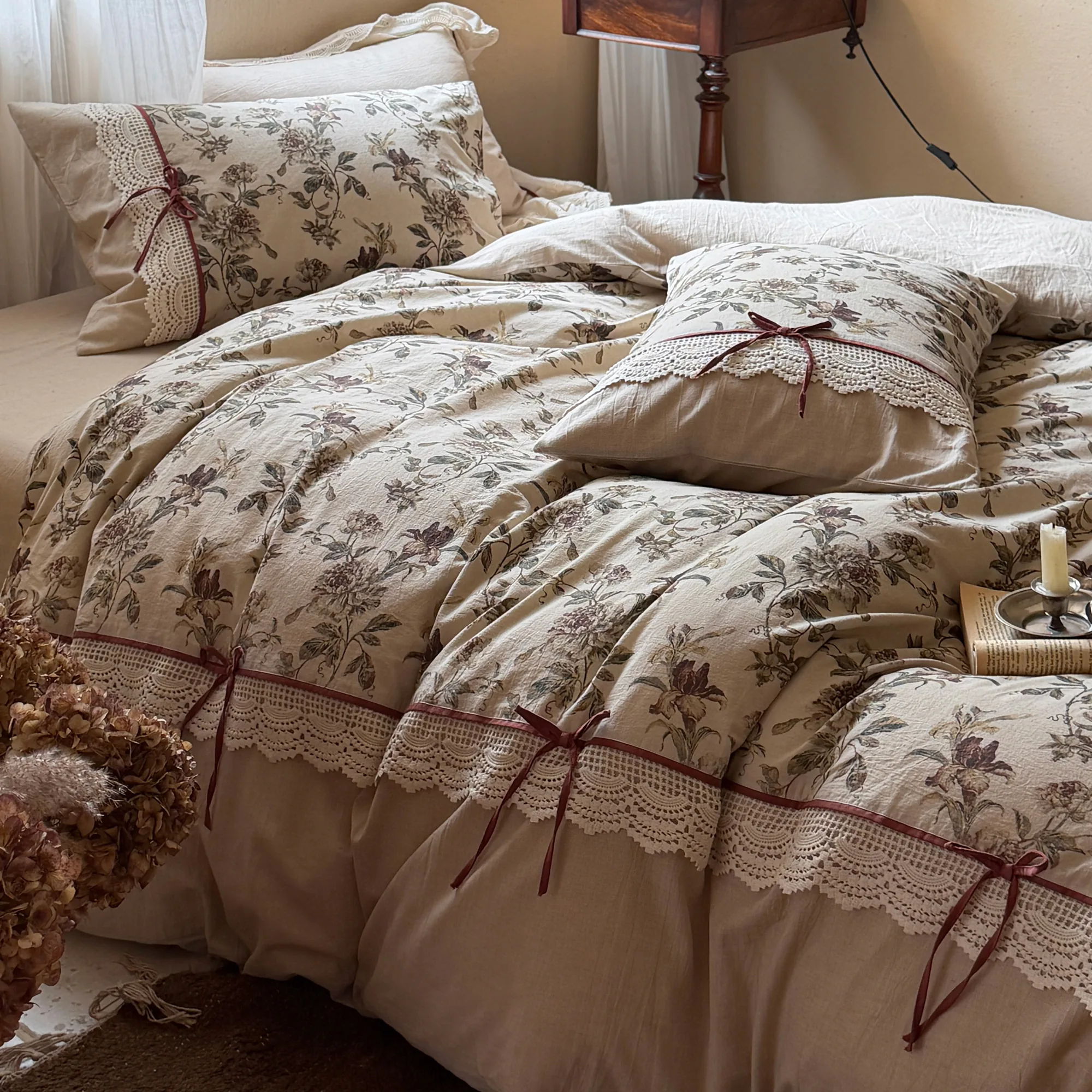 Soft Muted Botanical Floral Print Lace Edging Neutral Cotton Linen Bedding Set04