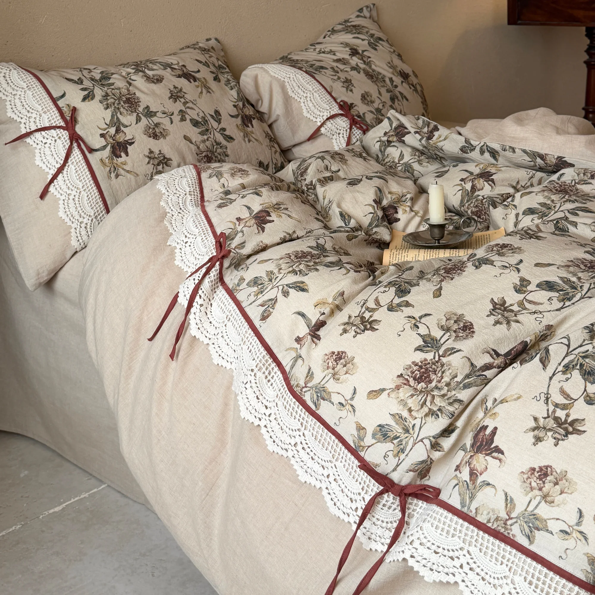 Soft Muted Botanical Floral Print Lace Edging Neutral Cotton Linen Bedding Set05