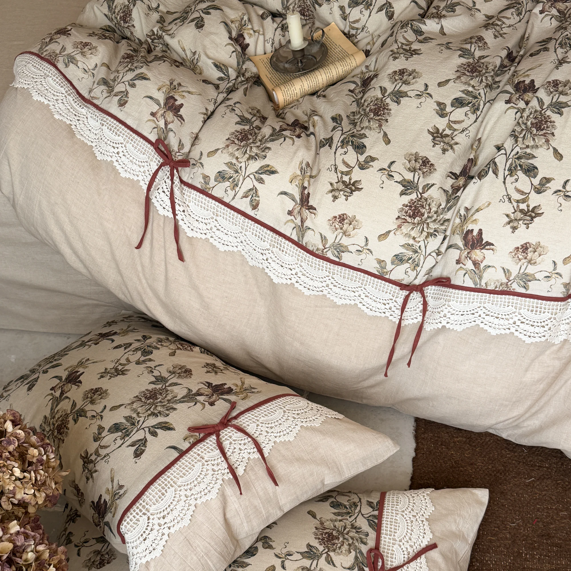 Soft Muted Botanical Floral Print Lace Edging Neutral Cotton Linen Bedding Set06