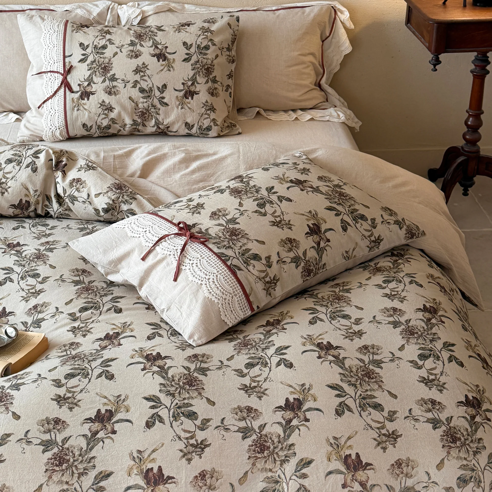Soft Muted Botanical Floral Print Lace Edging Neutral Cotton Linen Bedding Set07