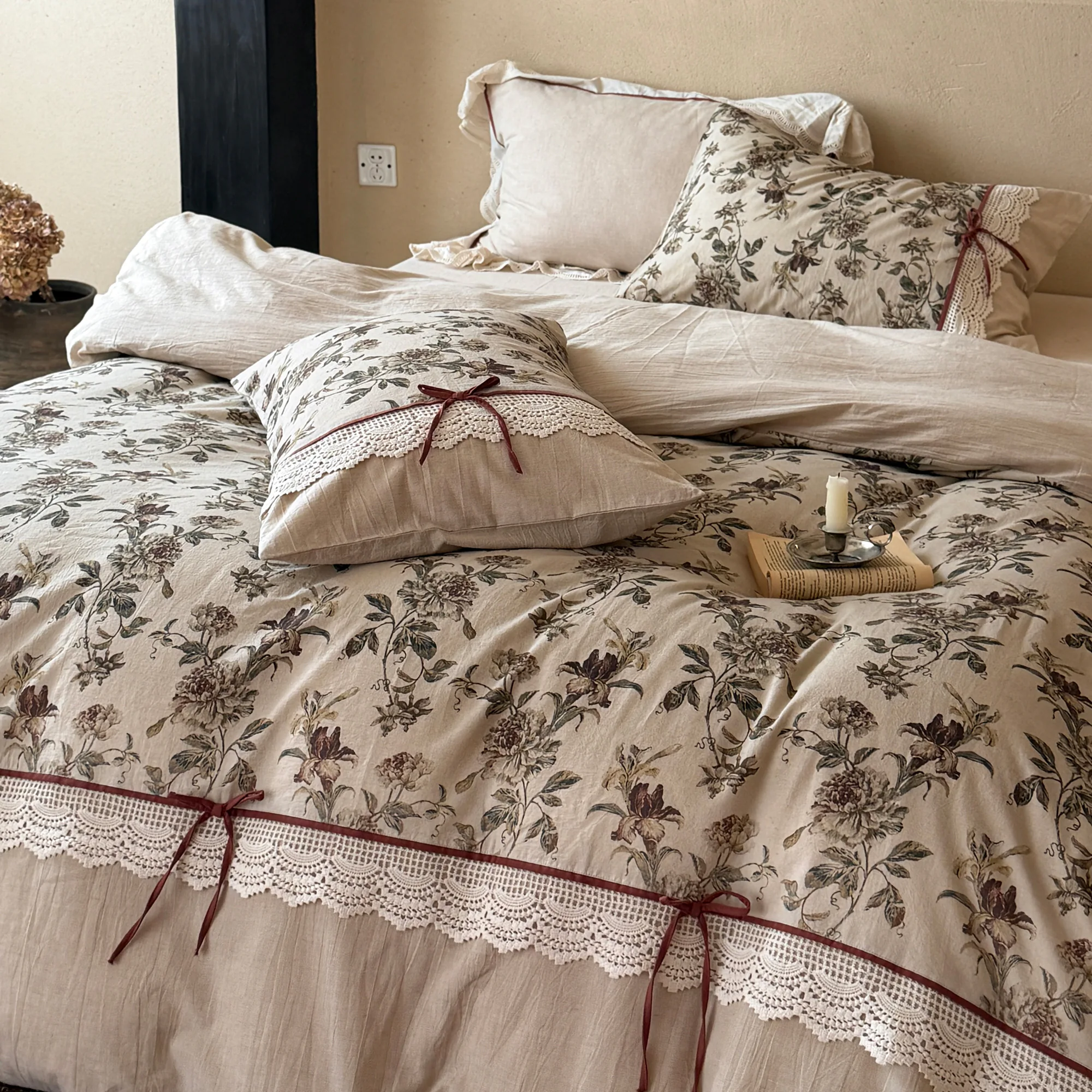 Soft Muted Botanical Floral Print Lace Edging Neutral Cotton Linen Bedding Set08