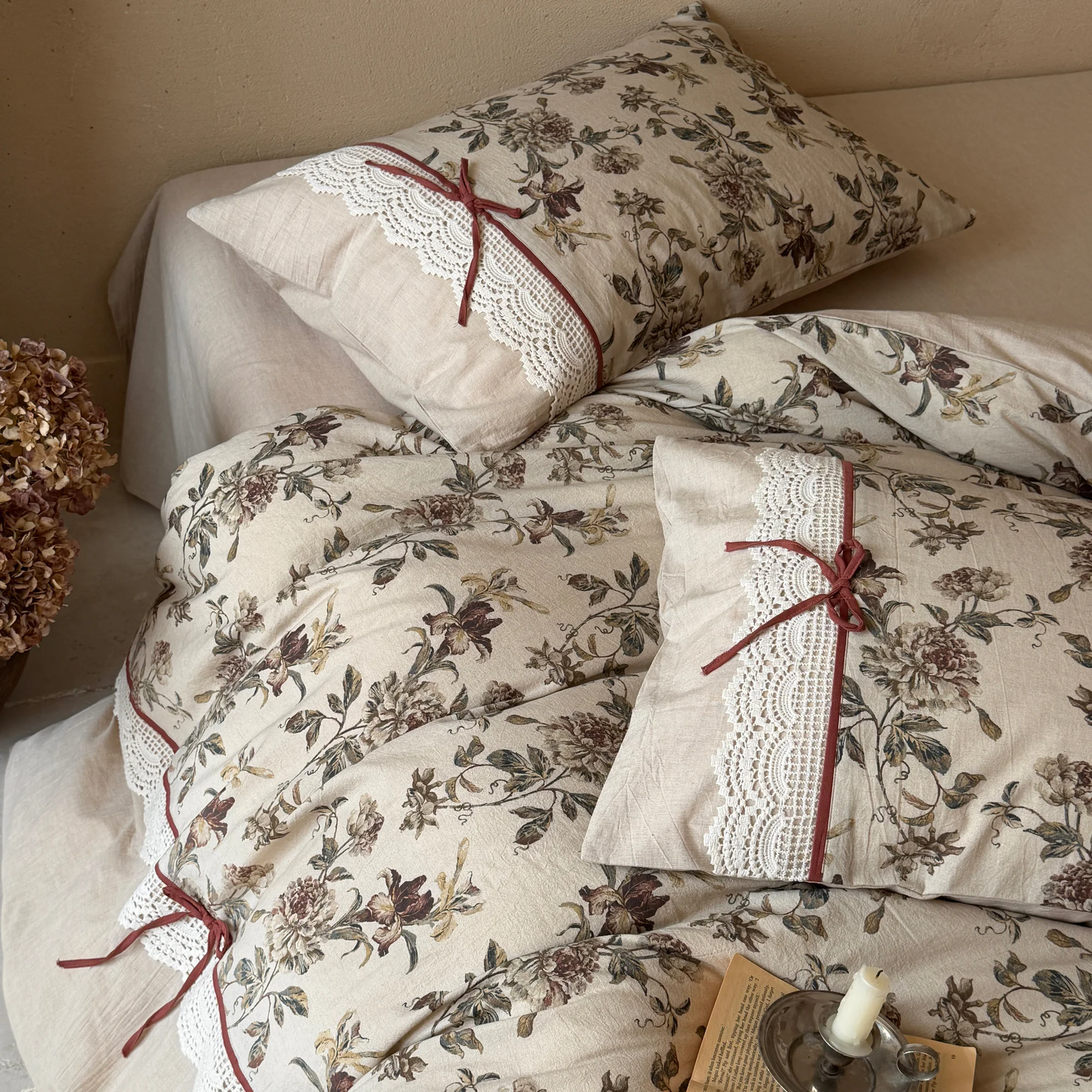 Soft Muted Botanical Floral Print Lace Edging Neutral Cotton Linen Bedding Set09