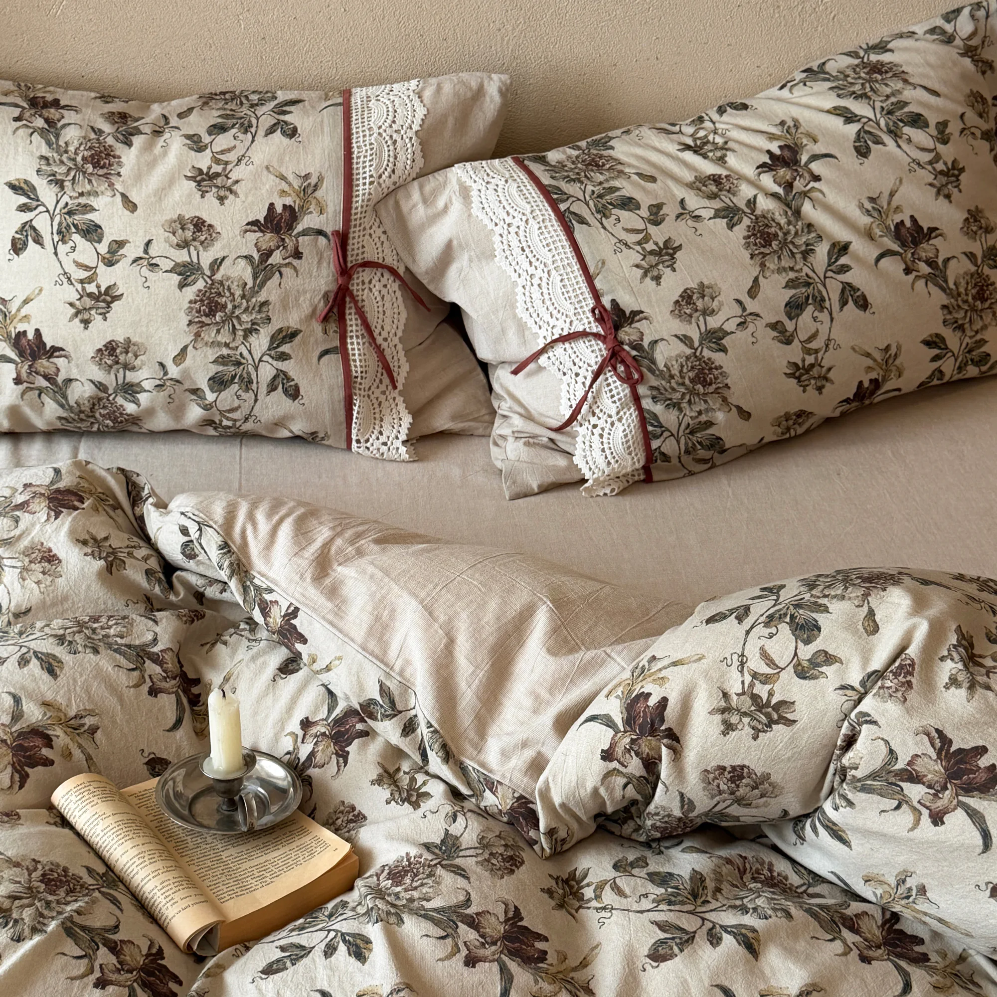 Soft Muted Botanical Floral Print Lace Edging Neutral Cotton Linen Bedding Set10