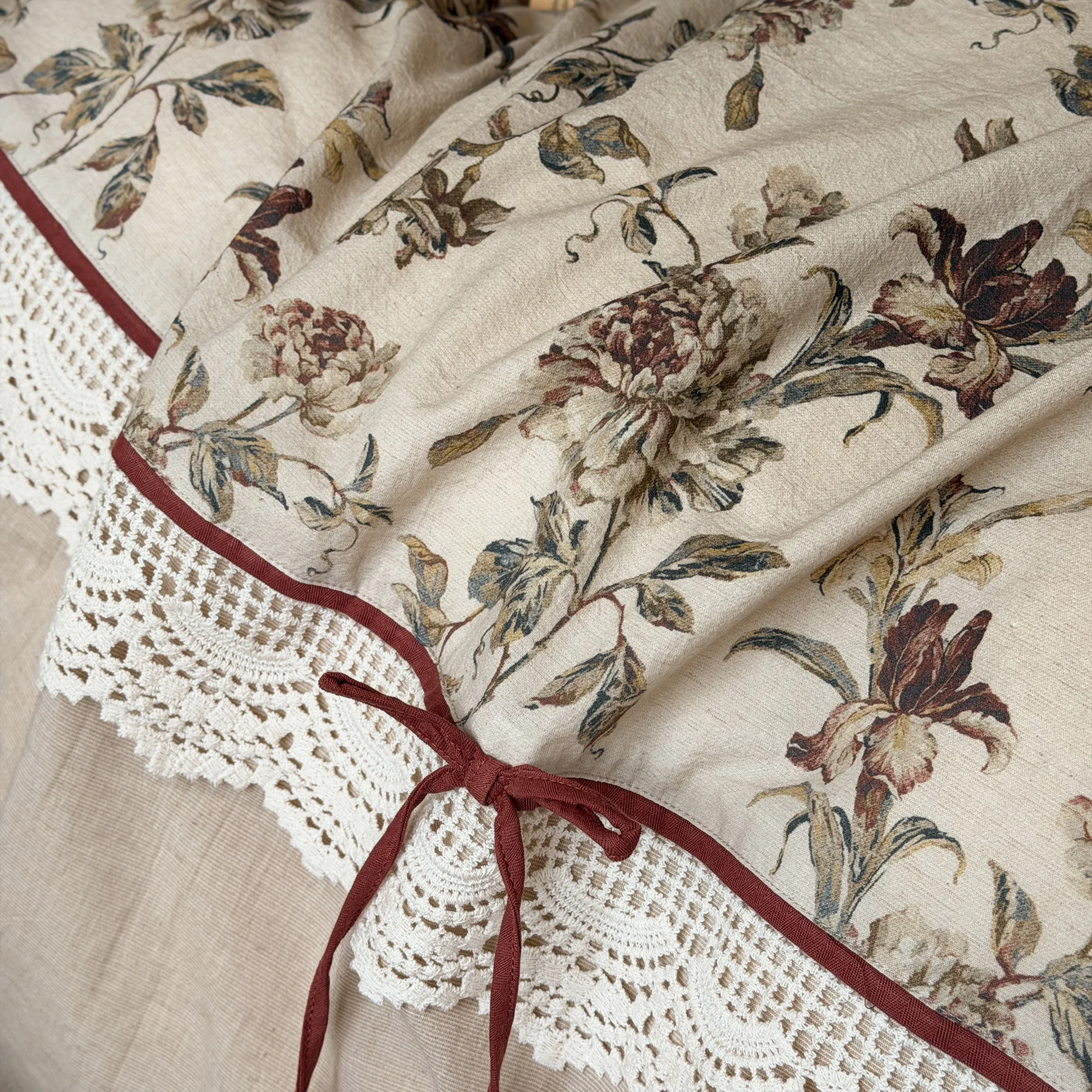 Soft Muted Botanical Floral Print Lace Edging Neutral Cotton Linen Bedding Set12