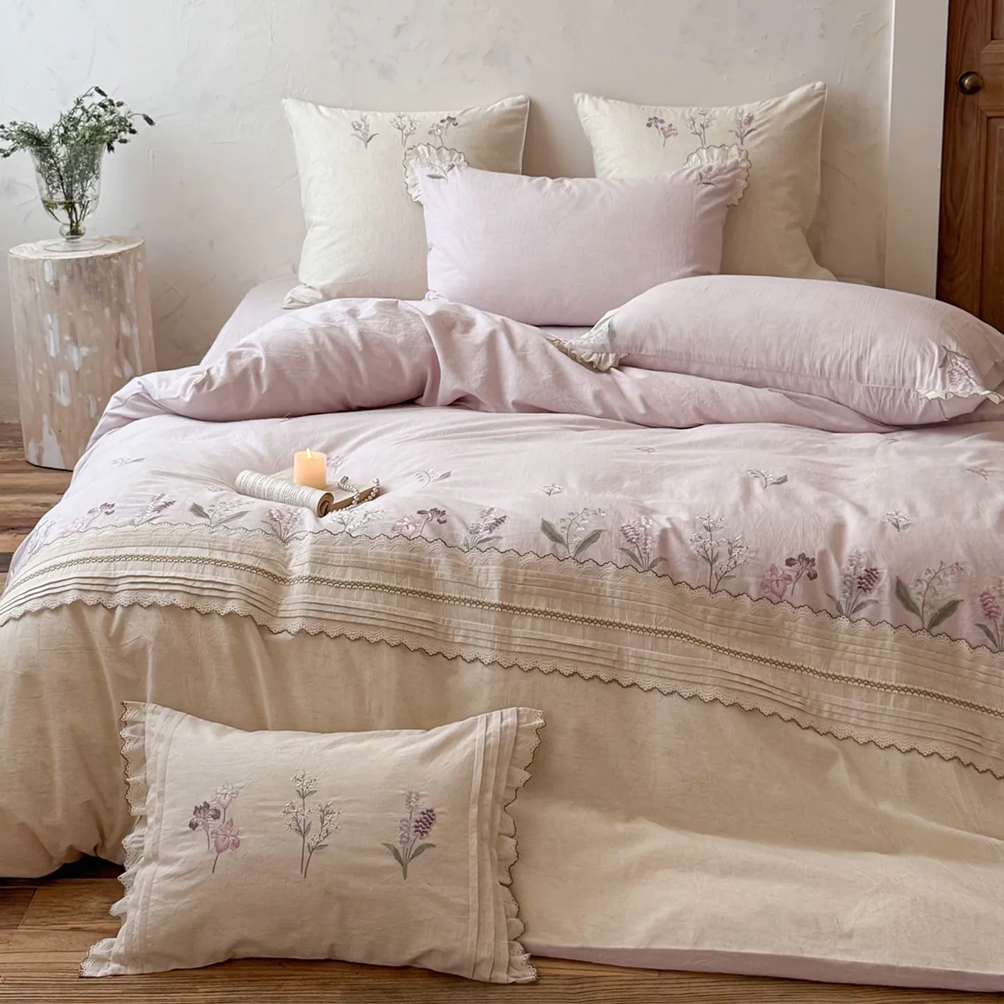 Soft Purple Wildflower Vine Embroidered Cotton Linen Quilt Cover 4 Pcs Set03