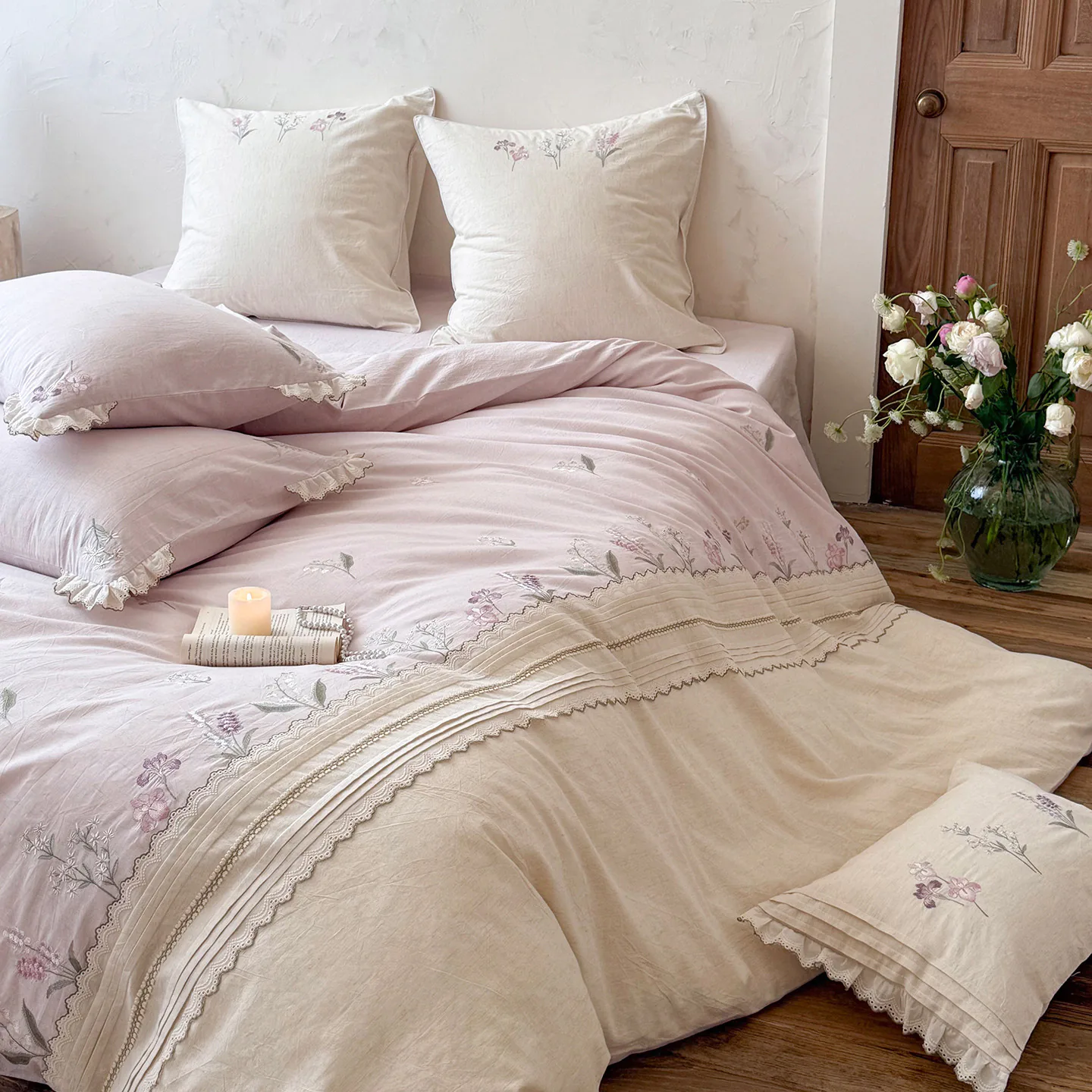 Soft Purple Wildflower Vine Embroidered Cotton Linen Quilt Cover 4 Pcs Set04