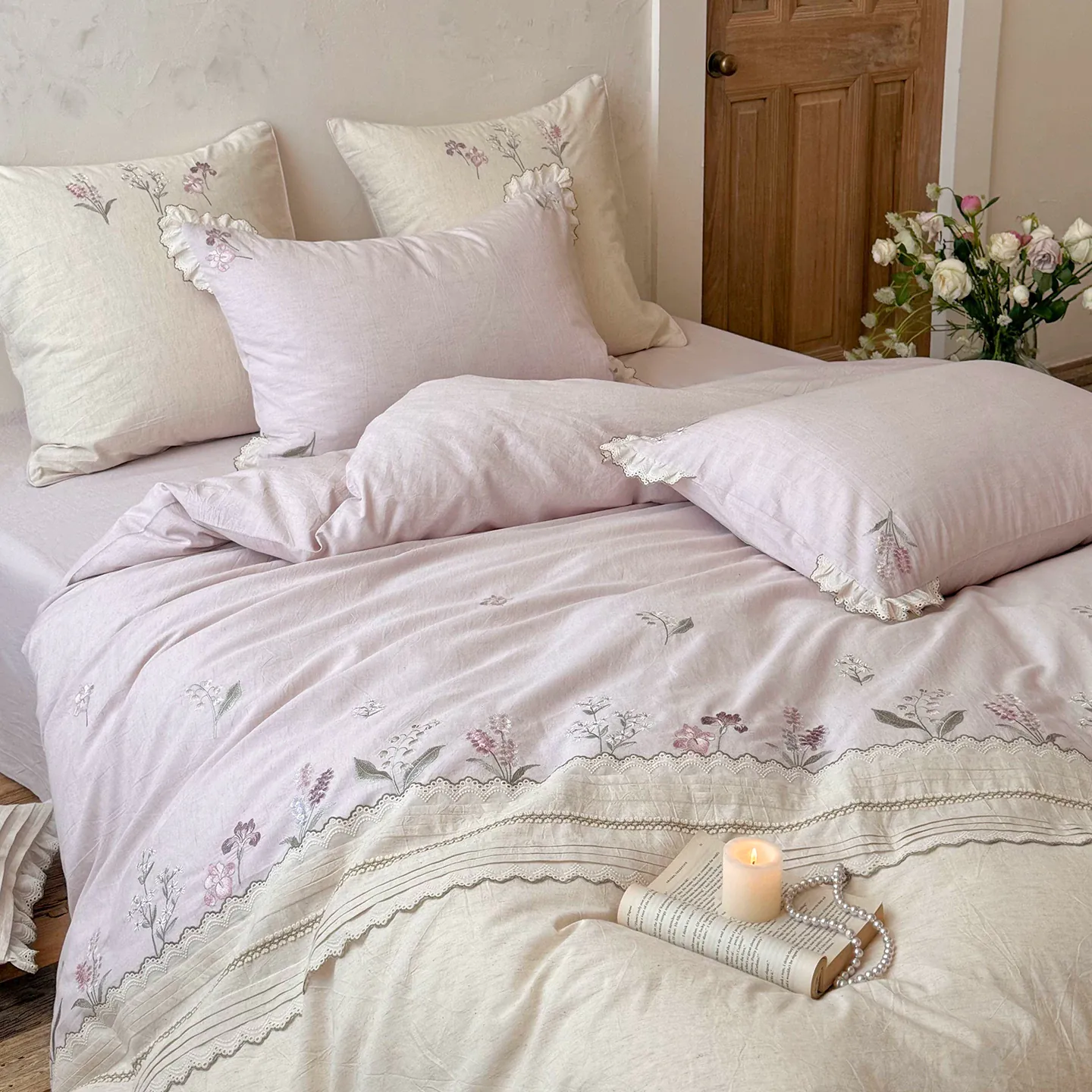 Soft Purple Wildflower Vine Embroidered Cotton Linen Quilt Cover 4 Pcs Set05