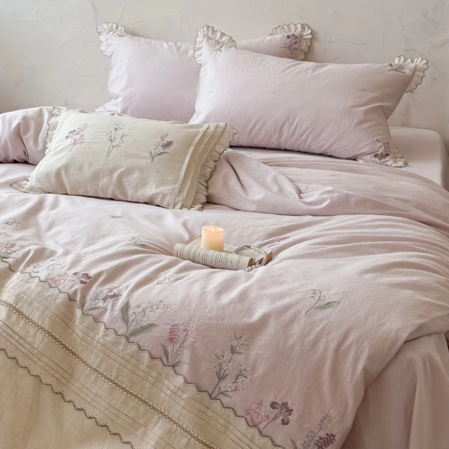 Soft Purple Wildflower Vine Embroidered Cotton Linen Quilt Cover 4 Pcs Set06