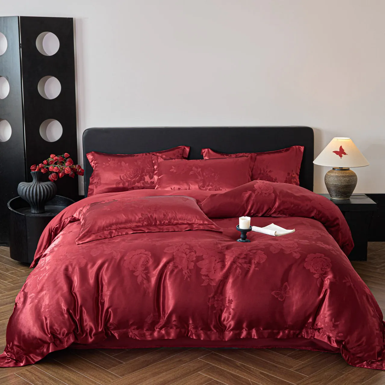 Soft Ruby Red Floral Butterfly Jacquard Silky Satin Duvet Cover 4 Piece Set