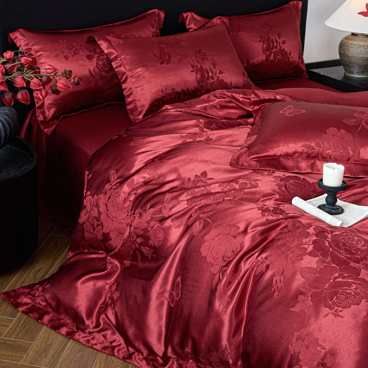 Soft Ruby Red Floral Butterfly Jacquard Silky Satin Duvet Cover 4 Pieces Set03