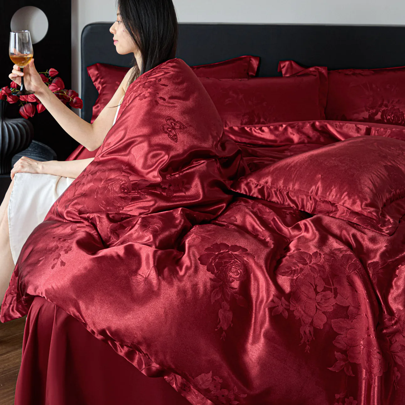 Soft Ruby Red Floral Butterfly Jacquard Silky Satin Duvet Cover 4 Pieces Set04