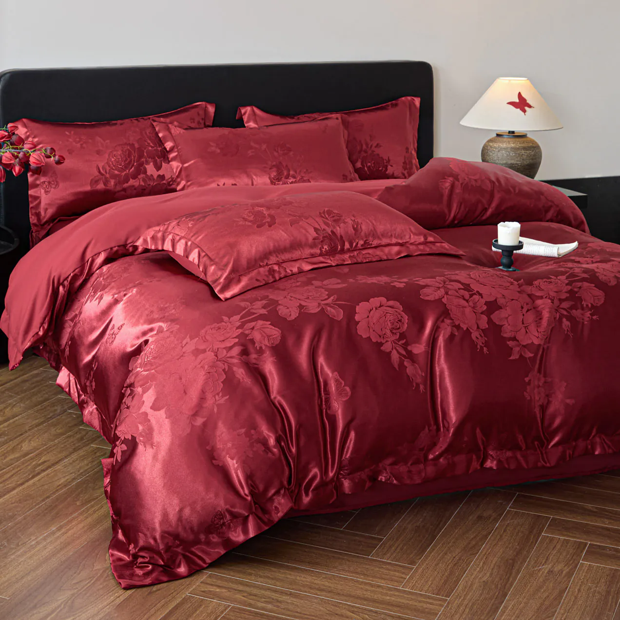 Soft Ruby Red Floral Butterfly Jacquard Silky Satin Duvet Cover 4 Pieces Set06