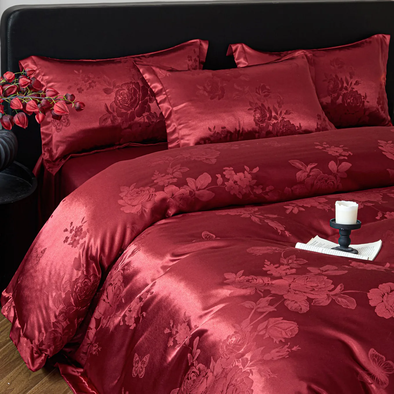 Soft Ruby Red Floral Butterfly Jacquard Silky Satin Duvet Cover 4 Pieces Set07