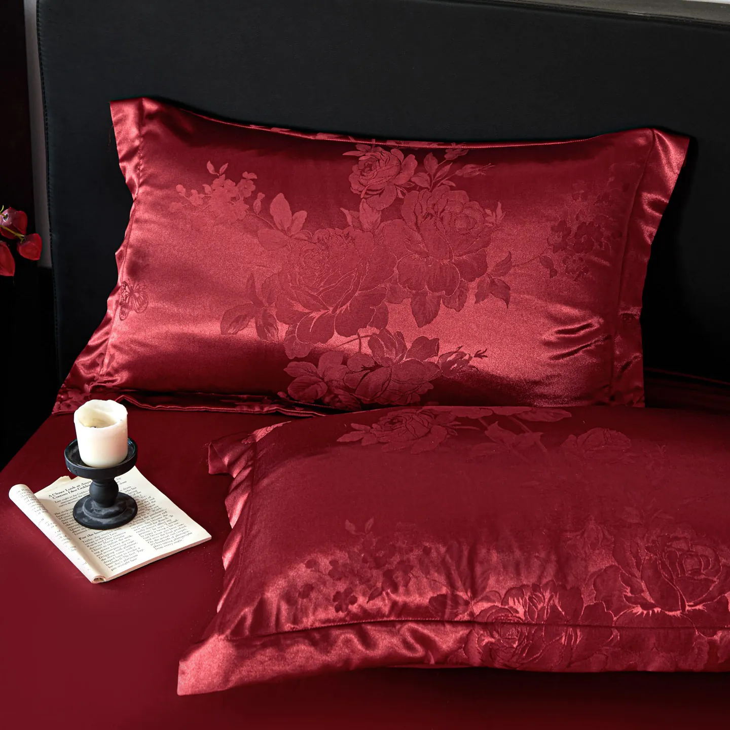 Soft Ruby Red Floral Butterfly Jacquard Silky Satin Duvet Cover 4 Pieces Set09
