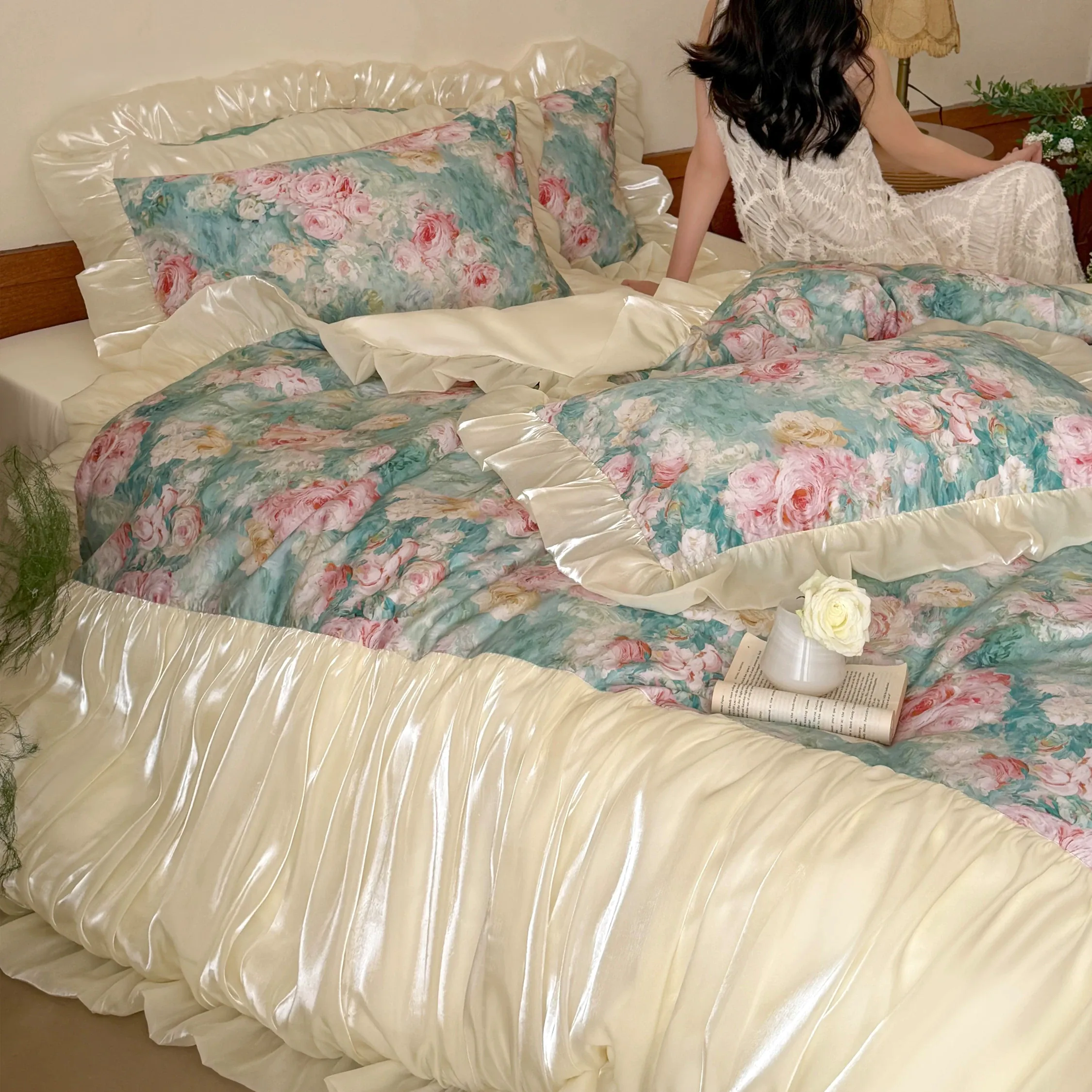 Vintage Floral 100% Long Staple Cotton Ruffle Comforter Cover 4 Piece Set04