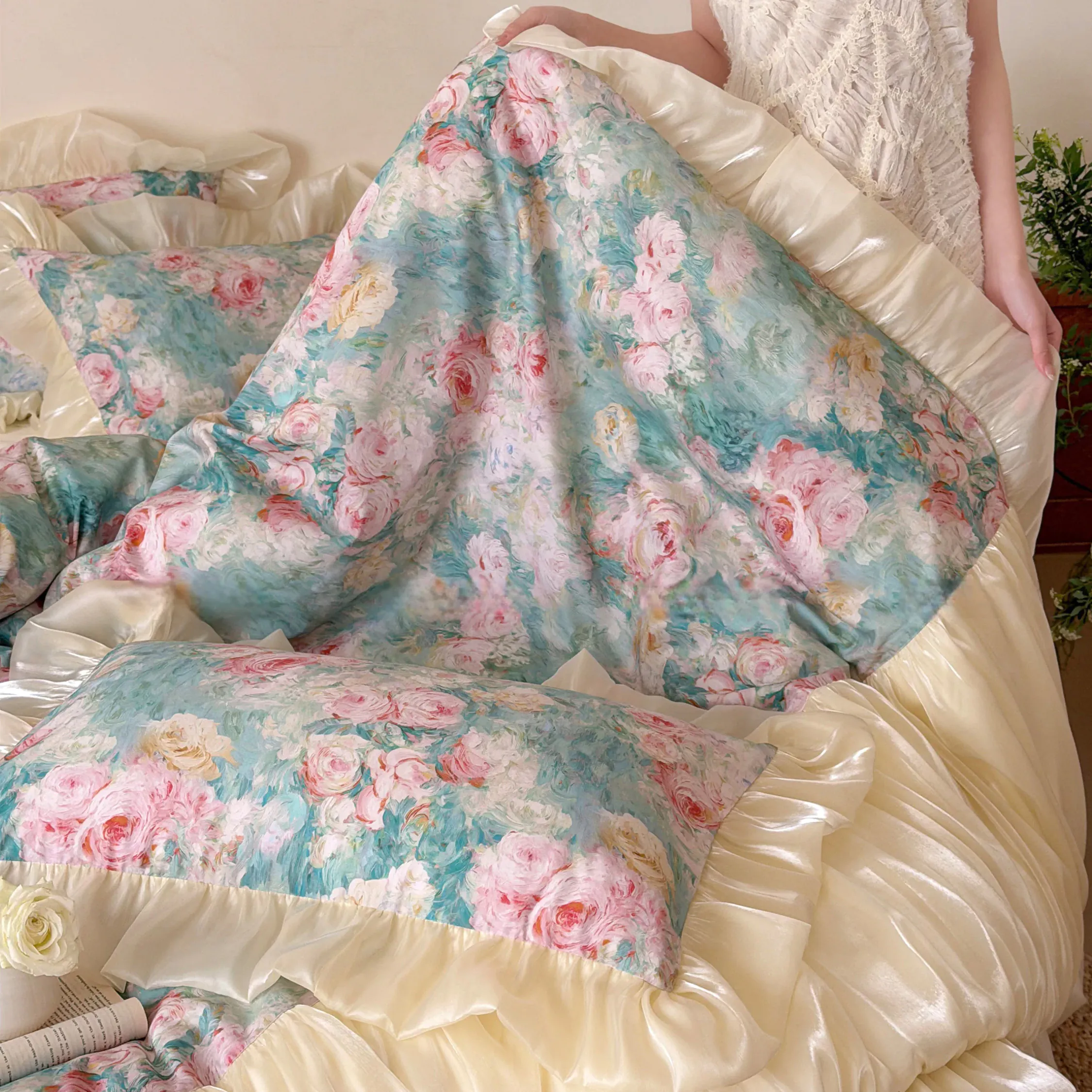 Vintage Floral 100% Long Staple Cotton Ruffle Comforter Cover 4 Piece Set05