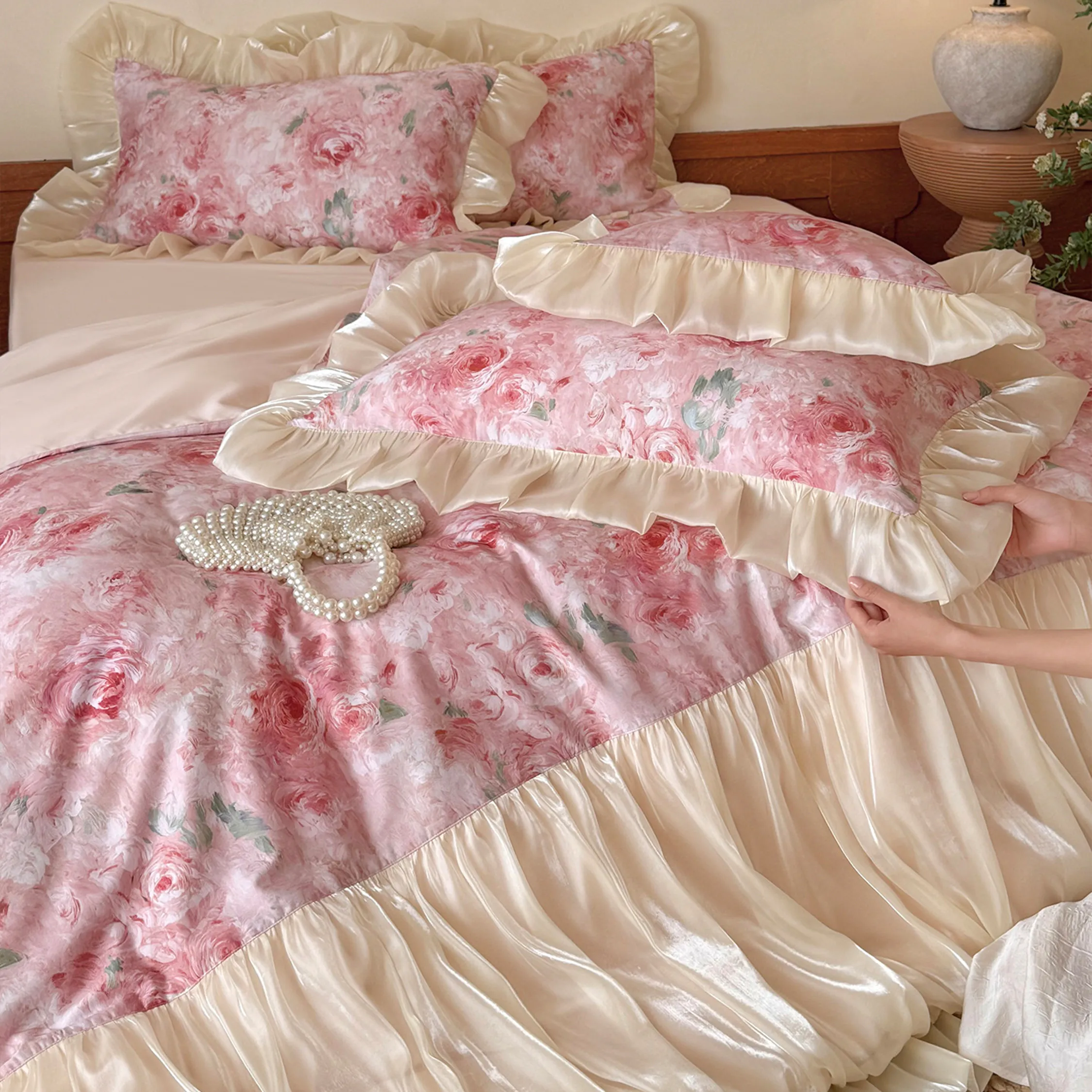 Vintage Floral 100% Long Staple Cotton Ruffle Comforter Cover 4 Piece Set11
