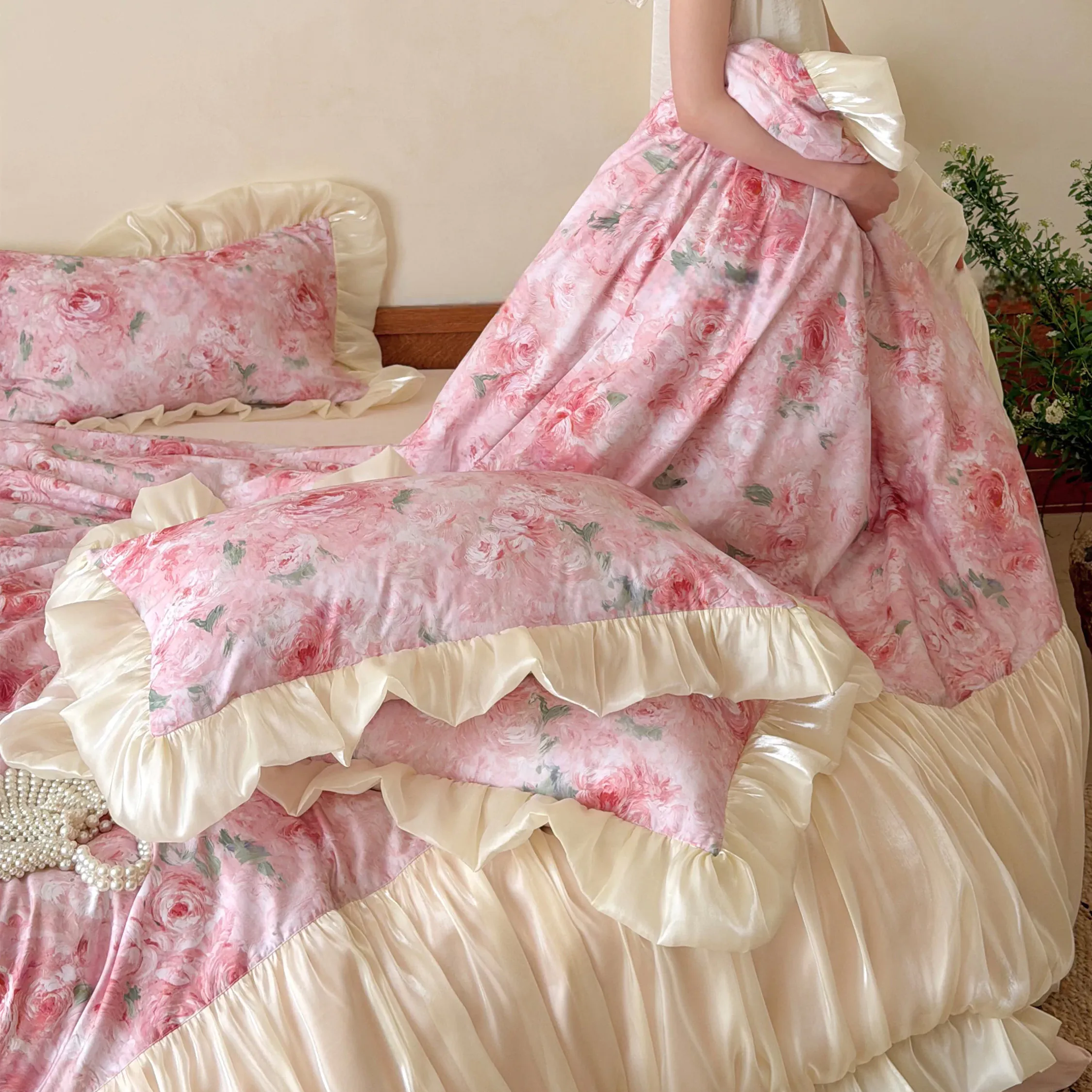 Vintage Floral 100% Long Staple Cotton Ruffle Comforter Cover 4 Piece Set12