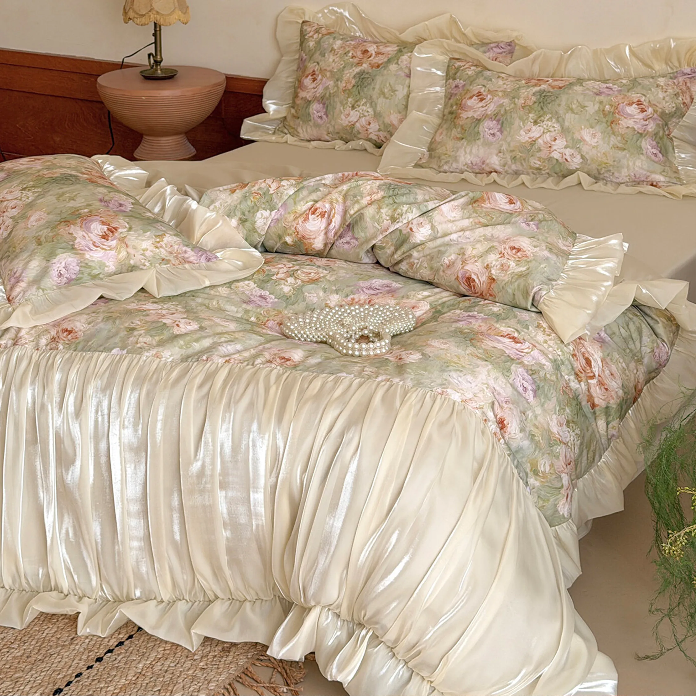 Vintage Floral 100% Long Staple Cotton Ruffle Comforter Cover 4 Piece Set17