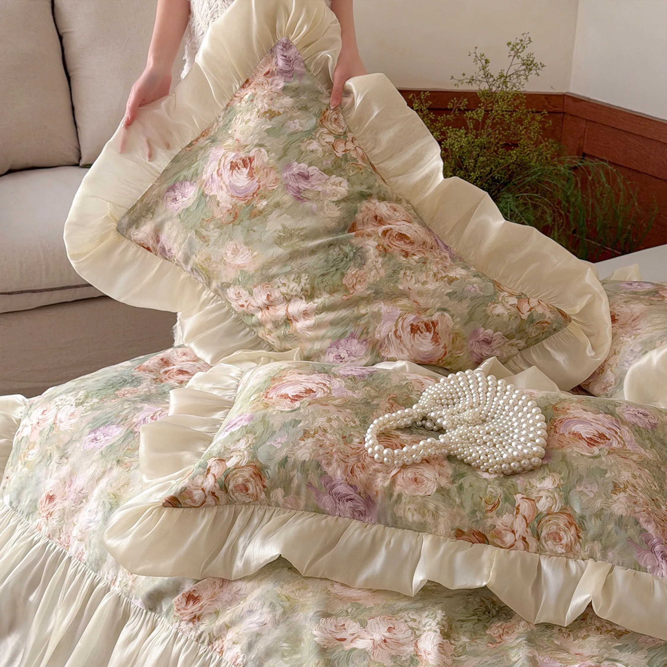 Vintage Floral 100% Long Staple Cotton Ruffle Comforter Cover 4 Piece Set21