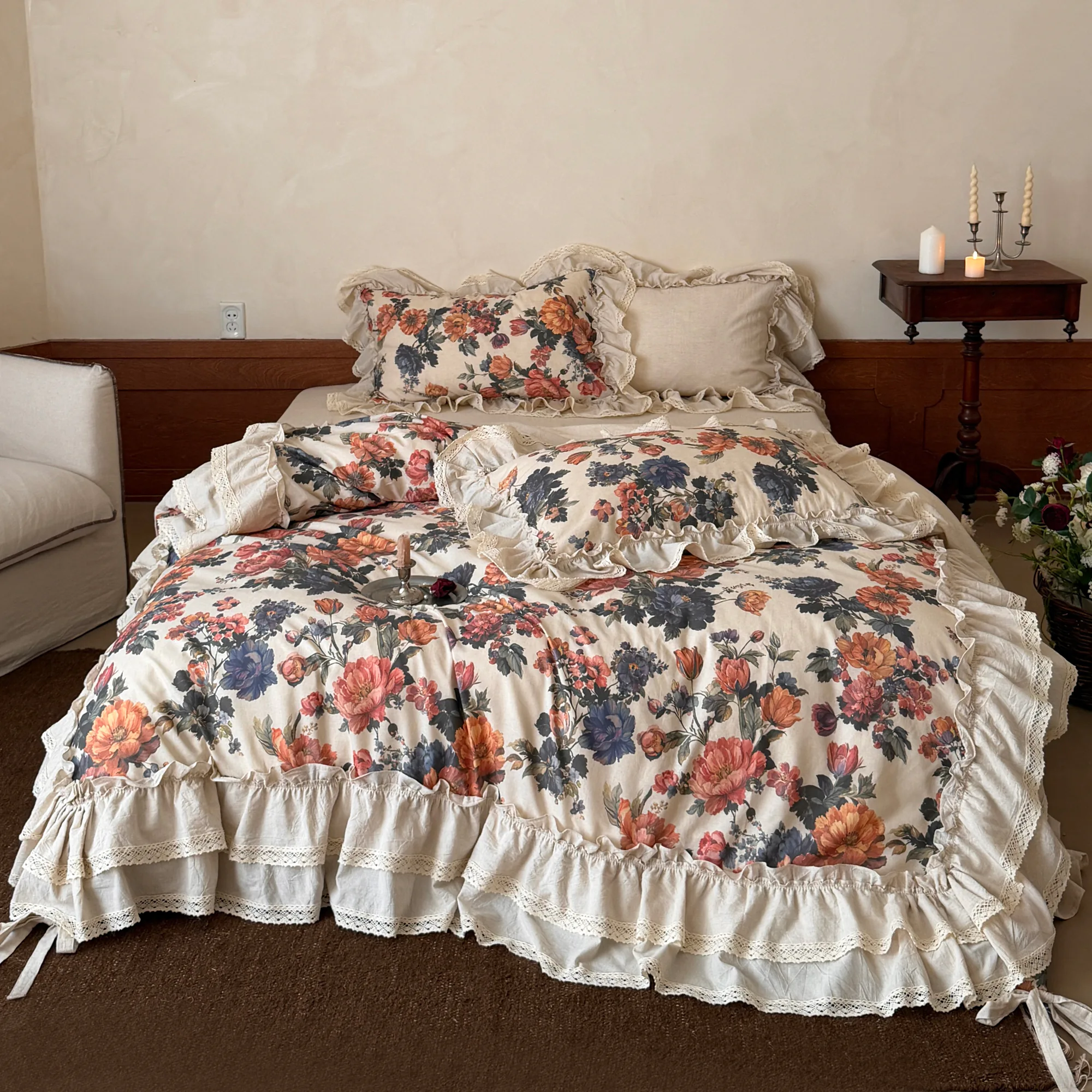 Vintage French Country Style Floral Print Cotton Linen Duvet Cover 4 Pcs Set
