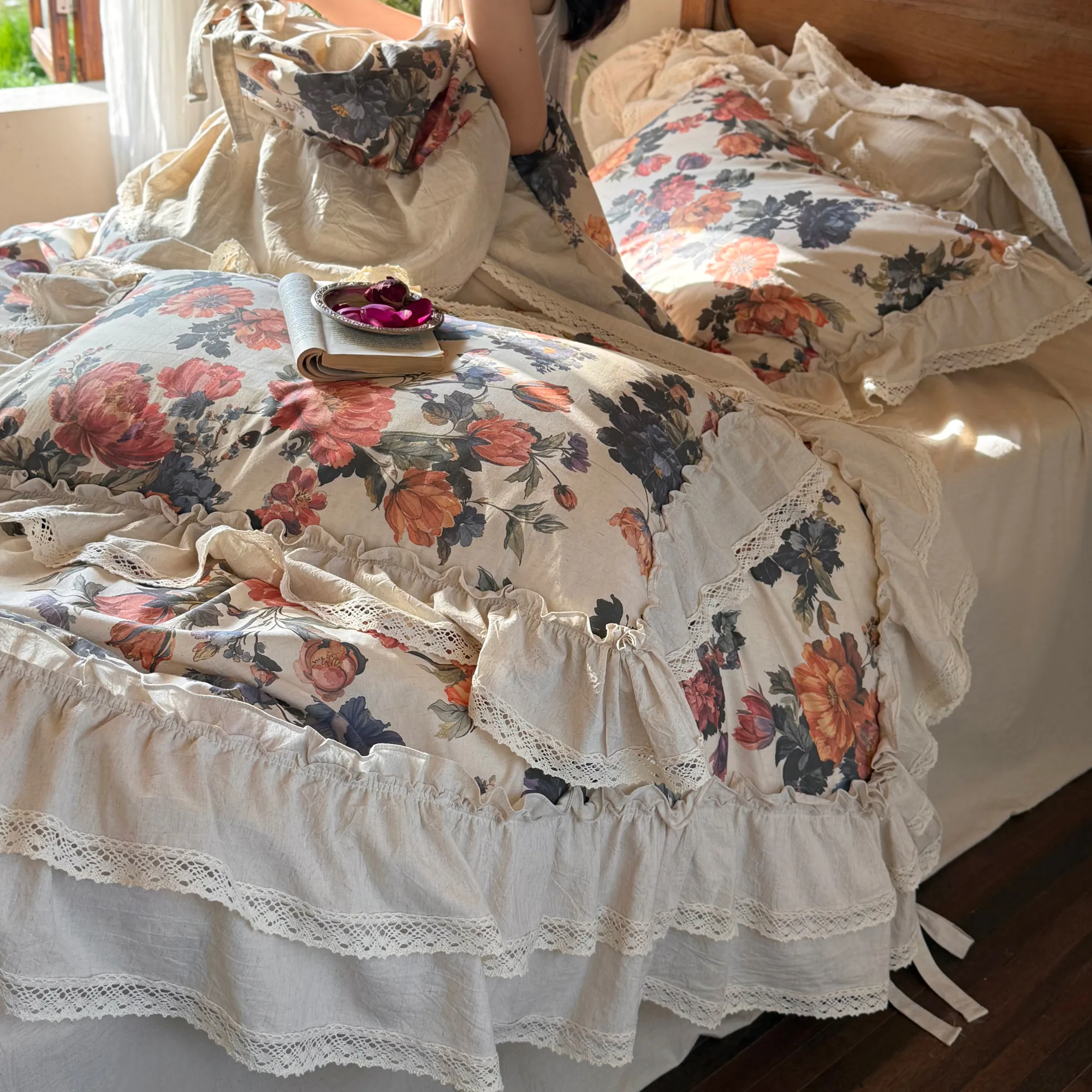 Vintage French Country Style Floral Print Cotton Linen Duvet Cover 4 Pcs Set03