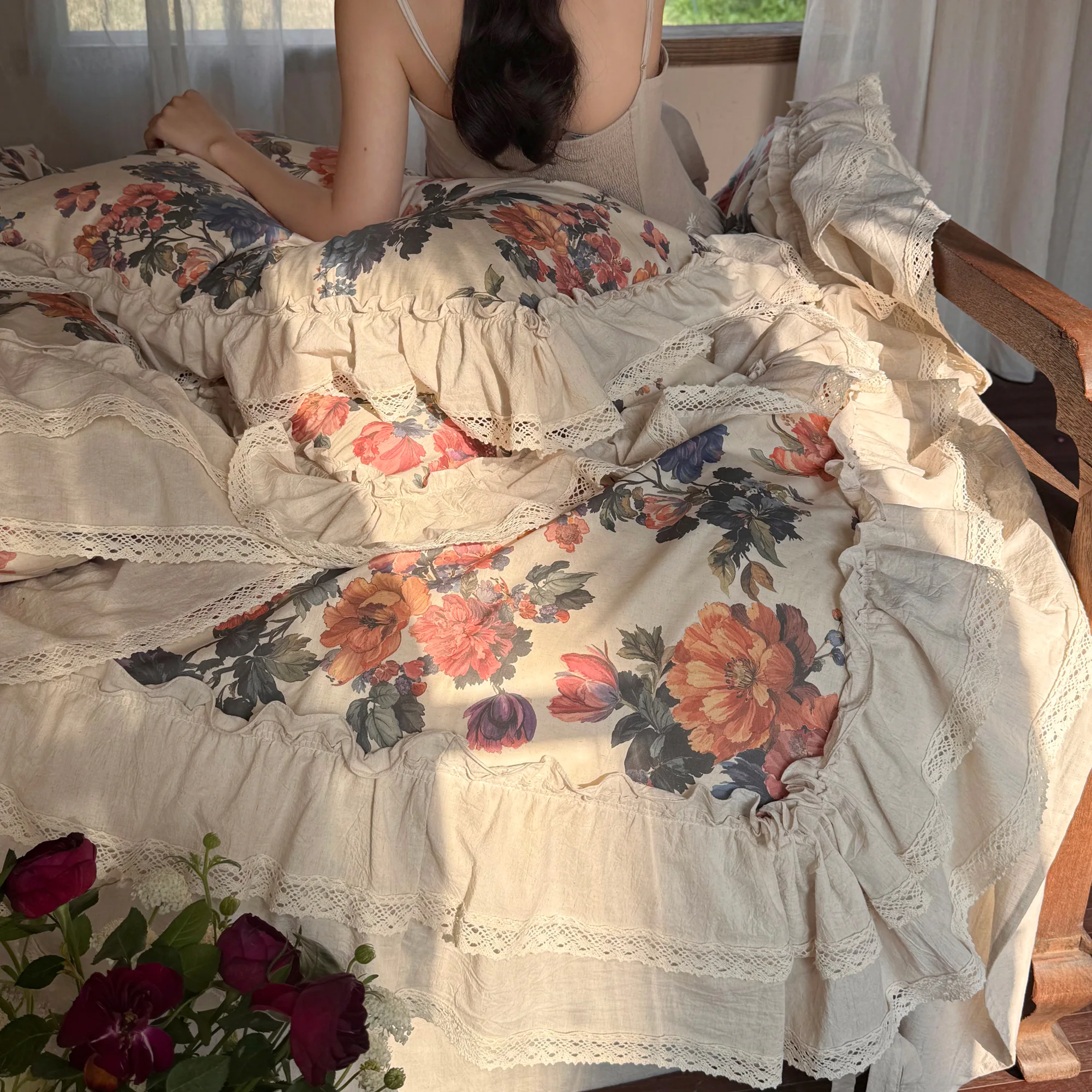 Vintage French Country Style Floral Print Cotton Linen Duvet Cover 4 Pcs Set05