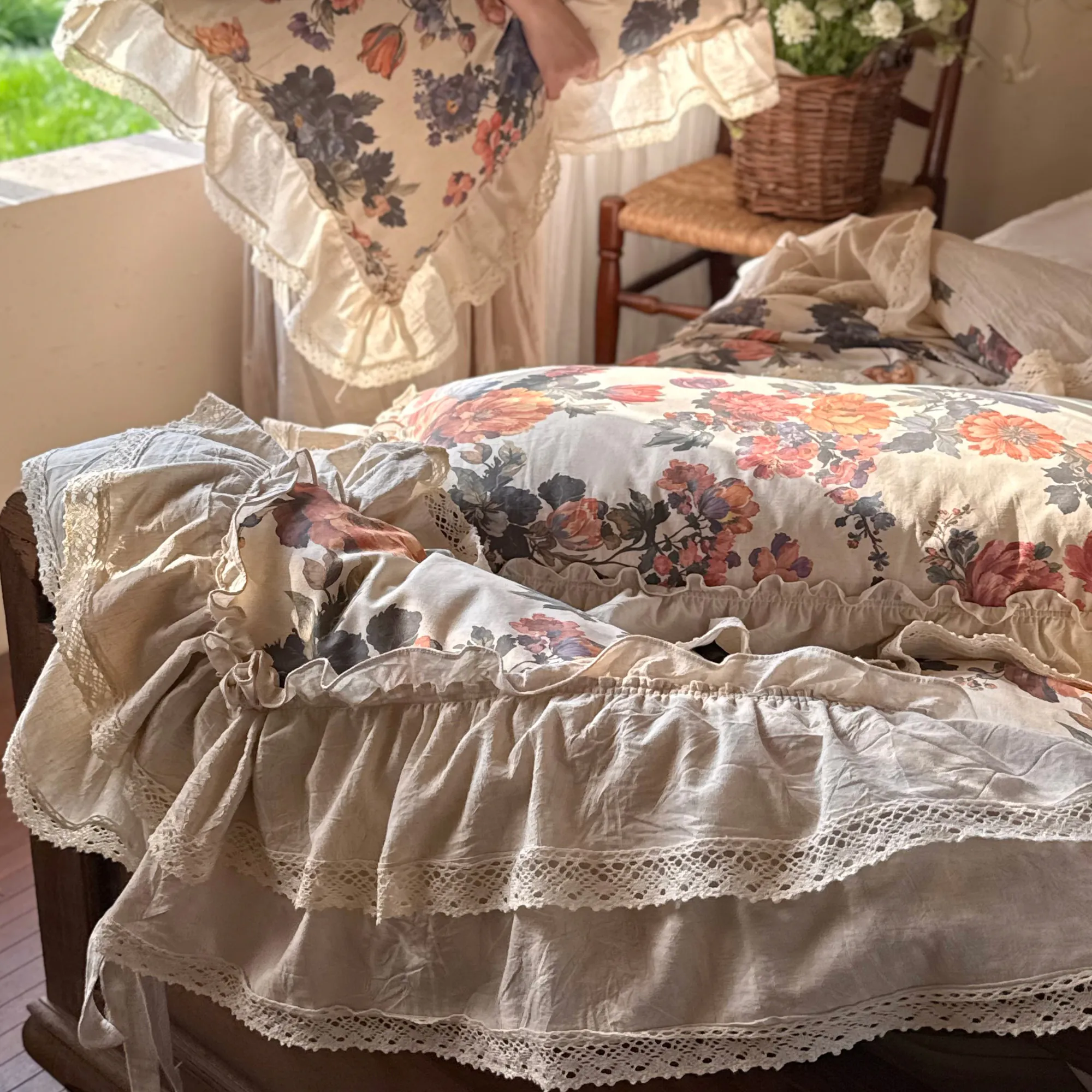 Vintage French Country Style Floral Print Cotton Linen Duvet Cover 4 Pcs Set06