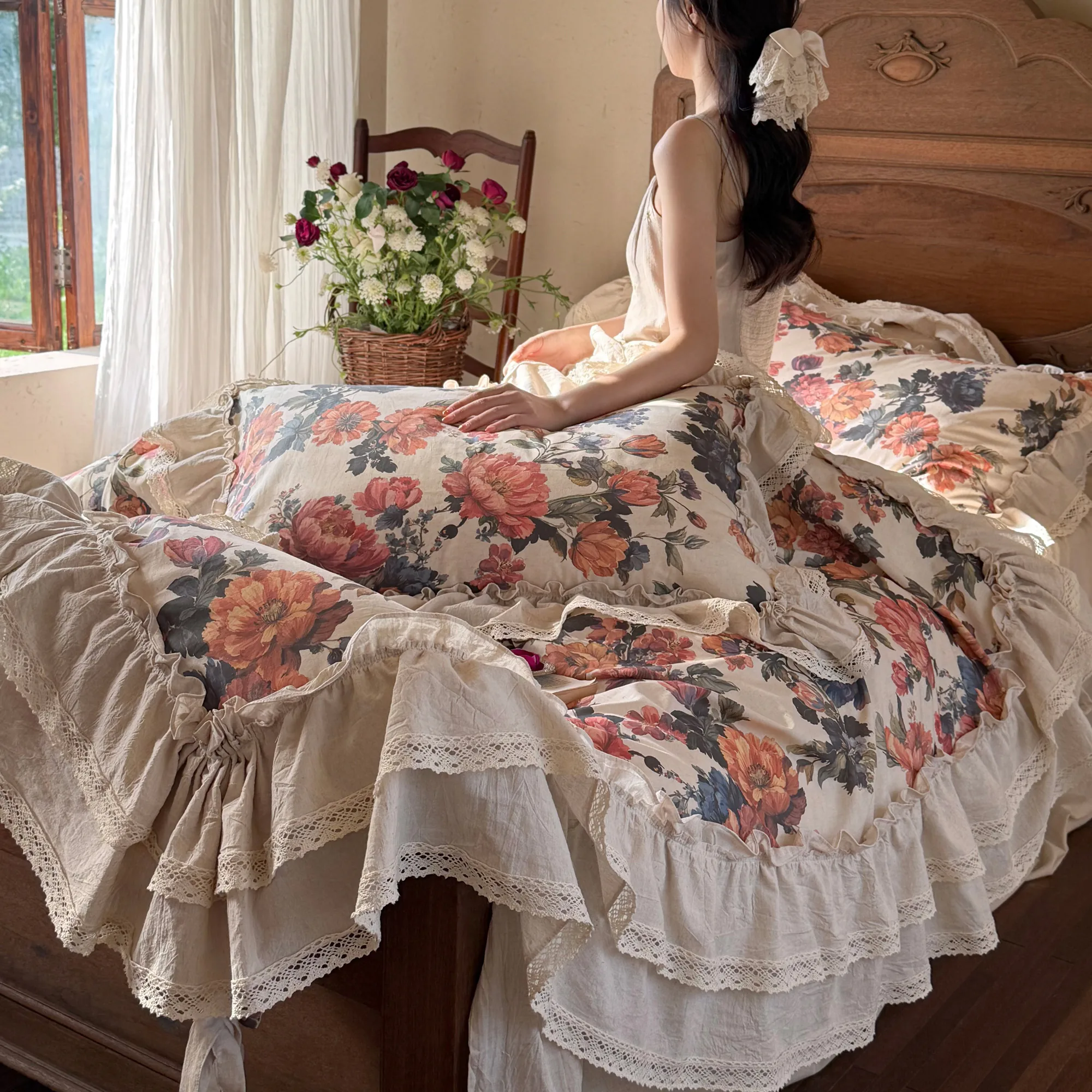 Vintage French Country Style Floral Print Cotton Linen Duvet Cover 4 Pcs Set07