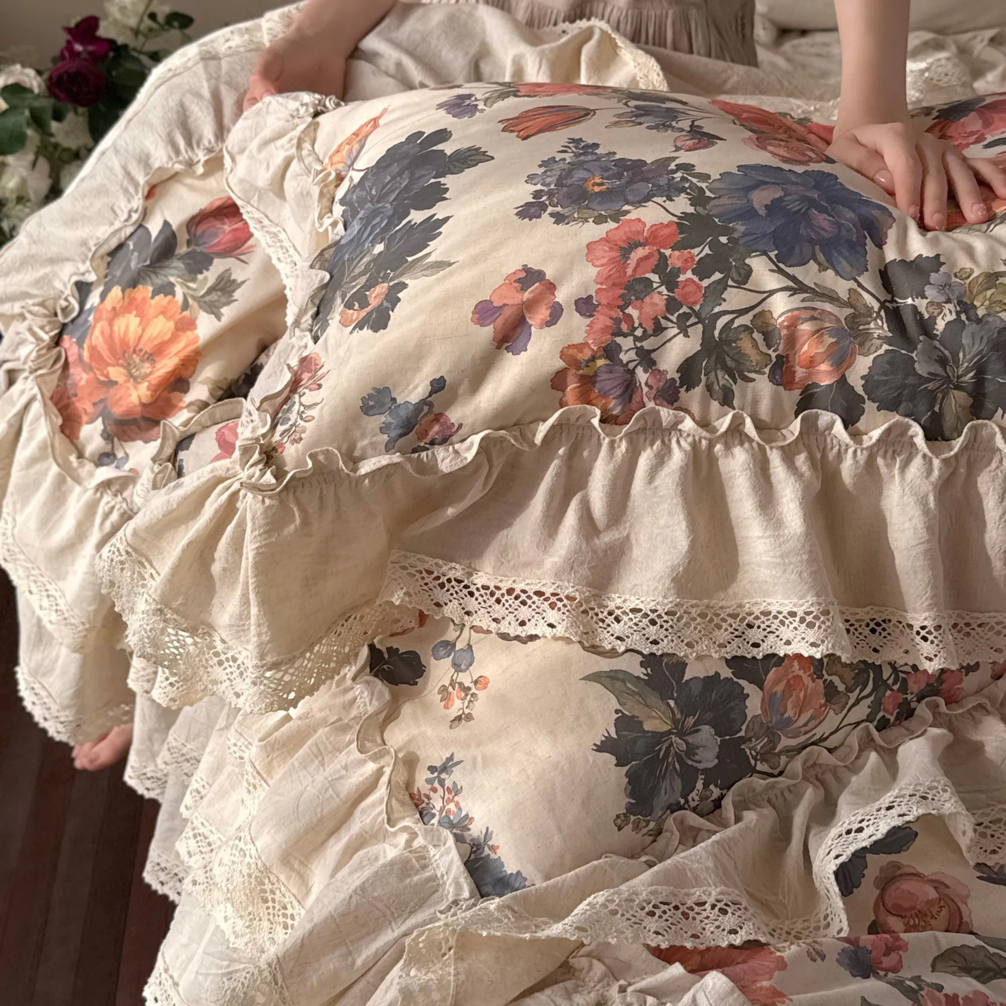 Vintage French Country Style Floral Print Cotton Linen Duvet Cover 4 Pcs Set08