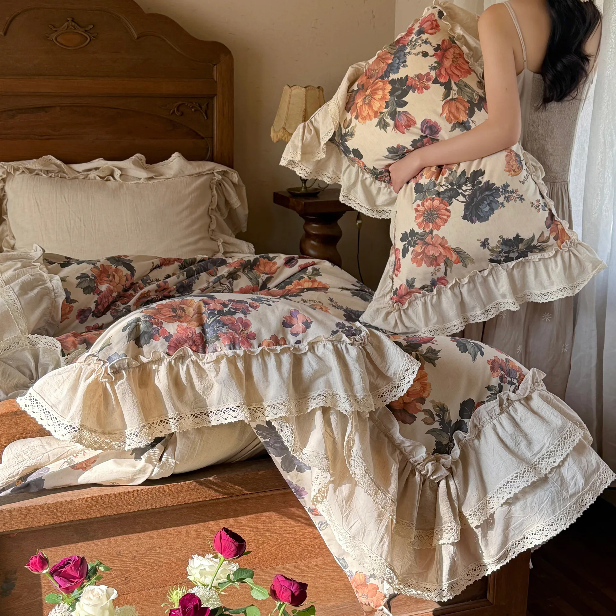 Vintage French Country Style Floral Print Cotton Linen Duvet Cover 4 Pcs Set09