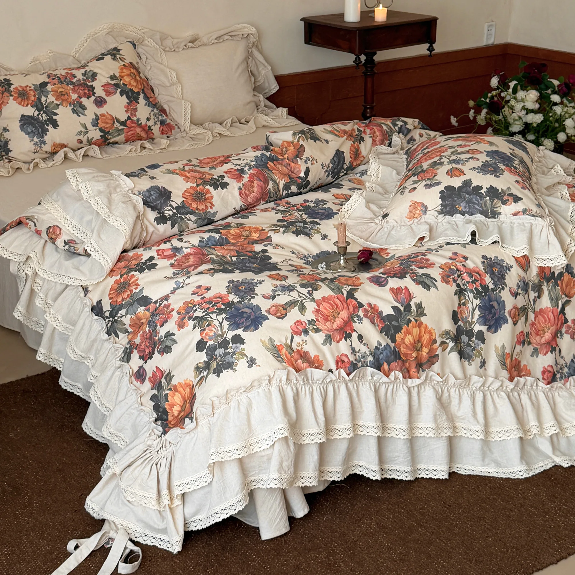 Vintage French Country Style Floral Print Cotton Linen Duvet Cover 4 Pcs Set10