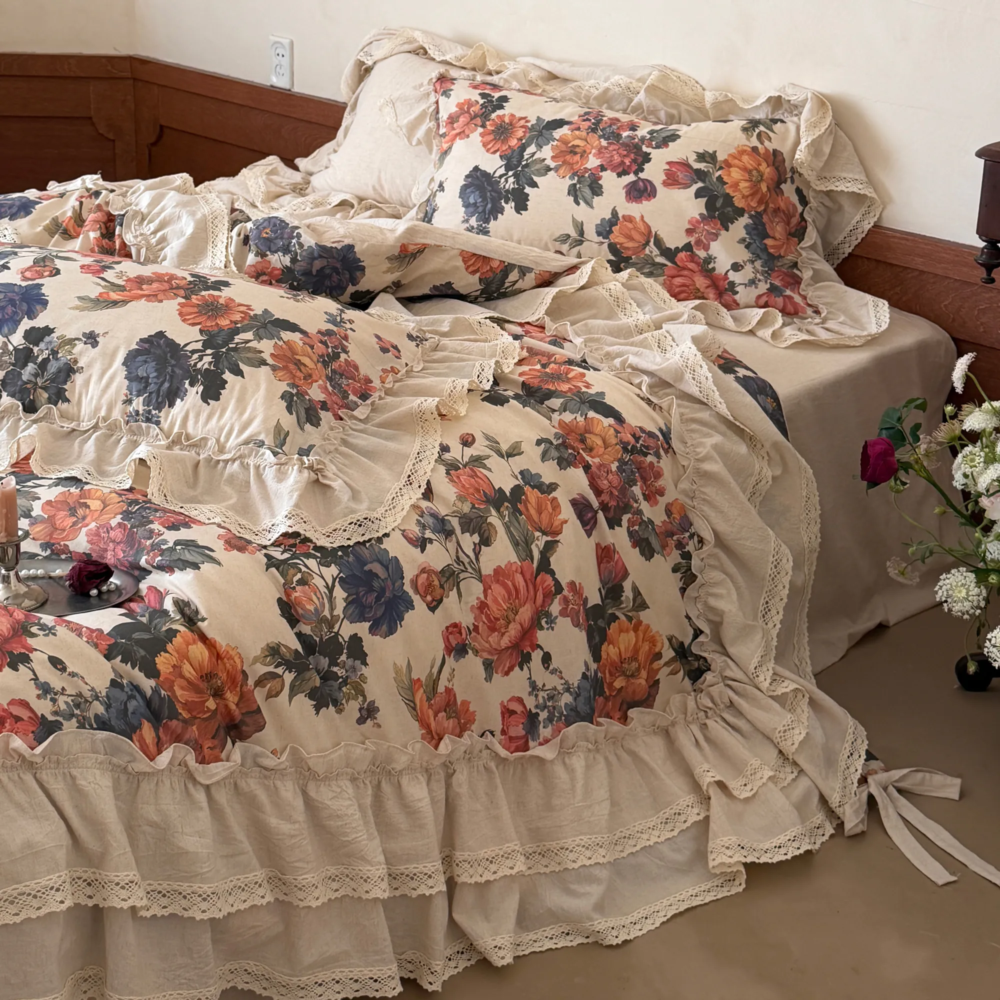 Vintage French Country Style Floral Print Cotton Linen Duvet Cover 4 Pcs Set11